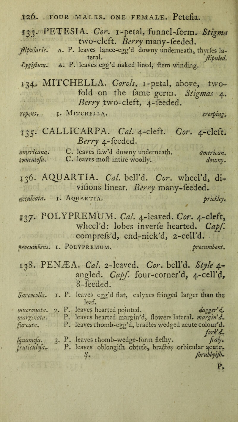 IZ6. . FOUR MALES. ONE FEMALE. Petefia. •I33. PETESIA. Cor. 1-petal, funnel-form. Stigma two-cleft. Berry many-feeded. jt'ipularis. A. P. leaves Unce-egg’d downy underneath, thyrfes la^ teral. Jlipuled. gift uni. A. P. leaves egg’d naked lined, Item winding. 334. MITCHELLA. Corals♦ 1-petal, above, two- fold on the fame germ. Stigmas 4. Berry two-cleft, 4-feeded. zepcns* 1. Mitchell a. creeping9 135. CALLICARPA. Cal. 4-cleft. Berry 4-feeded. Cor. 4-cleft. Americana. C. leaves faw’d downy underneath. foment of a. C. leaves mod: intire woolly. american. downy. 136. AQUARTIA. Cal. bell’d. Cor. wheel'd, di- vifions linear. Berry many-feeded. tfctuleaia. 1. Aquartia. prickley« J37. POLYPREMUM. CaL 4-leaved. Cor. 4-cleft, wheel’d: lobes inverfe hearted. Capf. comprefs’d, end-nick’d, 2-cell’d. procumbens. 1. Polypremum. procumbent < 138. PENfEA. CaL 2-leaved. Cor. bell'd. Style 4- angled. Capf. four-corner'd, 4-ceH’d, 8-feeded. §arco colla. mucronata, marginata. fur cat a. fquamofa. fruticulofcu 1. P. leaves egg’d flat, calyxes fringed larger than the leaf. 2. P. leaves hearted pointed. dagger'd. P. leaves hearted margin’d, flowers lateral, margin'd. P. leaves rhomb-egg’d, brakes wedged acute colour’d. fork'd: 3. P. leaves rhomb-wedge-form flefliy. fcaly* P. leaves oblongifh. obtufe, brakes orbicular ^cute* S. fhrubbyijh. Pr