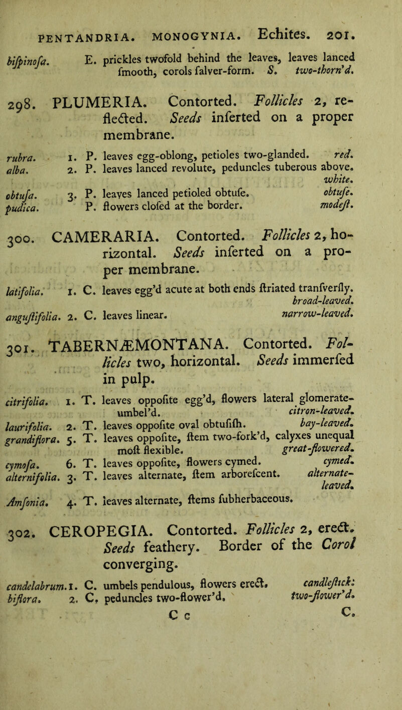 bifpinofa. E. prickles twofold behind the leaves, leaves lanced fmooth, corols falver-form. S. two-thorn'd. 298. PLUMERIA. Contorted. Follicles 2, re- flected. Seeds inferted on a proper membrane. rubra. alba. obtuja. pudica. 1. P. leaves egg-oblong, petioles two-glanded. red. 2. P. leaves lanced revolute, peduncles tuberous above* white. 3. P. leaves lanced petioled obtufe. obtufe. P. flowers clofed at the border. modeft. 300. CAMERARIA* Contorted. Follicles 2, ho- rizontal. Seeds inferted on a pro- per membrane. latifolia. I. C. leaves egg’d acute at both ends ftriated tranfverfly. broad-leaved. angujlifolia. 2. C. leaves linear. narrow-leaved. 301. TABERN^MONTANA. Contorted. Fol- licles two, horizontal. Seeds immerfed in pulp. citrifolia. i. T. leaves oppofite egg’d, flowers lateral glomerate- umbel’d. citron-leaved, laurifolia. 2. T. leaves oppofite oval obtufilh. bay-leaved, grandiflora. 5. T. leaves oppofite, ftem two-fork’d, calyxes unequal moft flexible. great-flowered, cymofa. 6. T. leaves oppofite, flowers cymed. cymed. alternifolia. 2. T. leaves alternate, ftem arborefcent. alternate- J leaved. Amfonia. 4. T. leaves alternate. Items fubherbaceous. 302. CEROPEGIA. Contorted. Follicles 2, ere*». Seeds feathery. Border of the Corol converging. candelabrum.!. C. umbels pendulous, flowers ereCt. candlejhch. biflora. 2. C, peduncles two-ftower’d. tivo-flmer'd. C c c*