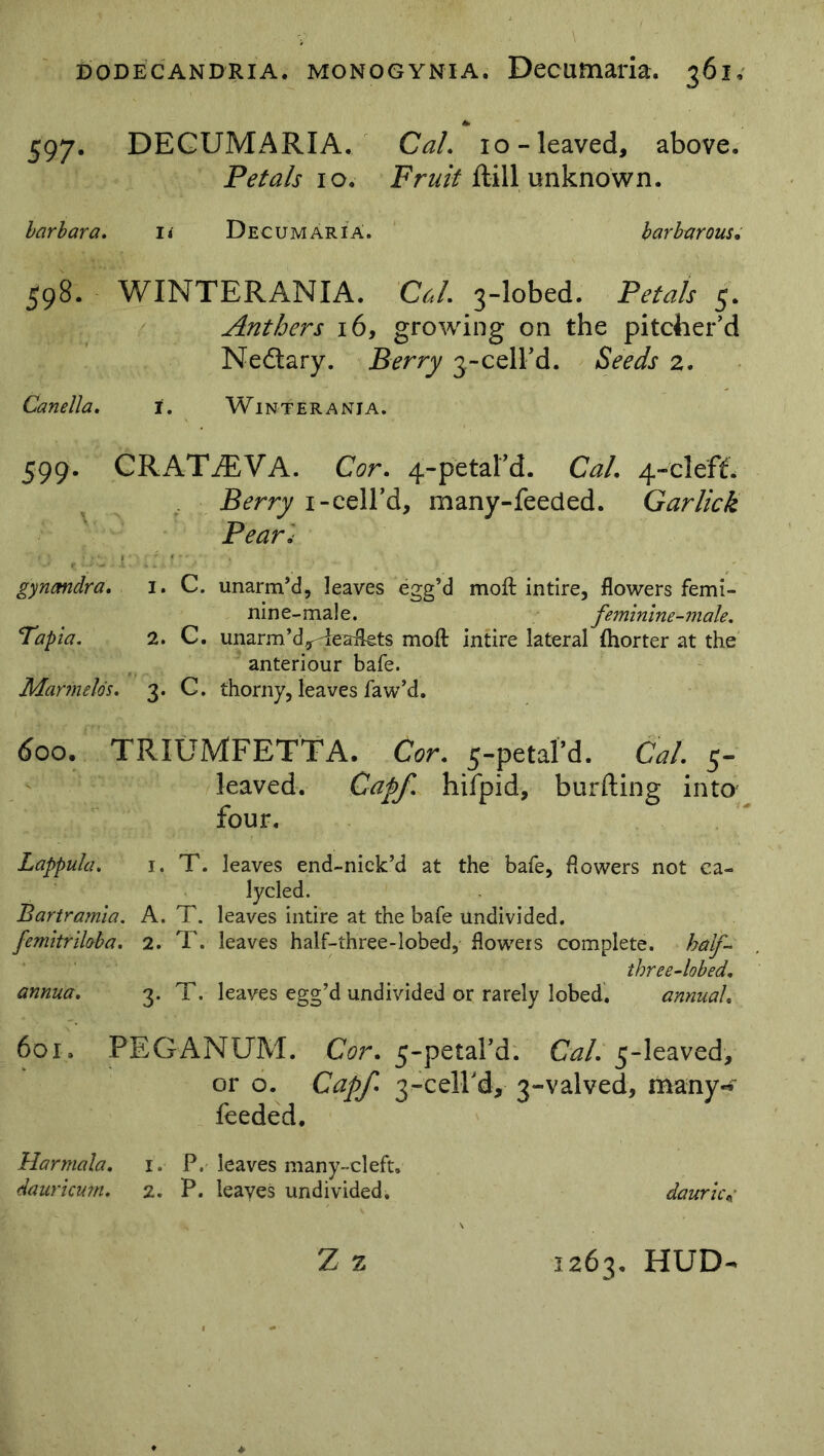 597. DECUMARIA. CaL 10-leaved, above. Petals 10. Fruit ftillunknown. barbara. n Decumaria. barbarous. 598. WINTERANIA. Cal 3-lobed. Petals 5. Anthers 16, growing on the pitcher’d Nedary. Berry 3-cell’d. Seeds 2. Canella. I. Winterania. 599. CRAT7EVA. Car. 4-petard. CaL 4-cleft. Berry 1-cell’d, many-feeded. Garlick Pear< gynandra, i. C. unarm’d, leaves egg’d moft intire, flowers femi- nine-male. feminine-male. Tapia. 2. C. unarm’d^fteaikts moft intire lateral (horter at the anteriour bafe. Marmelos. 3. C. thorny, leaves faw’d. 600. TRIUMFETTA. Cor. 5-petard. CaL 5- leaved. Caff, hifpid, burfting into four. Lappula, 1. T. leaves end-niek’d at the bafe, flowers not ea- lycled. Bartramia. A. T. leaves intire at the bafe undivided. femitriloba. 2. T. leaves half-three-lobed, flowers complete, half- three-lobed. annua. 3. T. leaves egg’d undivided or rarely lobed. annual. 6oi. PEGANUM. or o. feeded. Cor. 5-petal’d. Cal. 5-leaved, Caff 3-celPd, 3-valved, many**' Harmala. r. P, leaves many-cleft, dauricum. 2. P. leayes undivided. daurh\ Z z 1263. HUD-