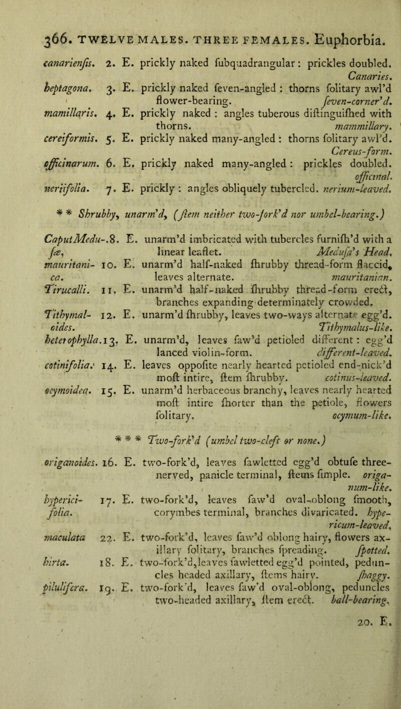 canarienfis. 2. E. prickly naked fubquadrangular: prickles doubled. Canaries. heptagona. 3. E. prickly naked feven-angled : thorns folitary awl’d flower-bearing. feven-corner'd. mamillaris. 4. E. prickly naked : angles tuberous diftinguifhed with thorns. mammillary. cereiformis, 5. E. prickly naked many-angled : thorns folitary awfd. Cereus-form. officinarum. 6. E. prickly naked many-angled : prickles doubled. officinal. ner'tifolia. 7. E. prickly : angles obliquely tubercled. nerium-leaved. * * Shrubby, unarmd> (fern neither two-fork'd nor umbel-bearing.) CaputMedu-.S. E. unarm’d imbricated with tubercles furnifh’d with a fee, linear leaflet. Medufa's Head, mauritani- 10. E. unarm’d half-naked fhrubby thread-form flaccid* ca. leaves alternate. mauritanian. ■Tirucalli. 11, E. unarm’d half- naked fhrubby thread-form erebt, branches expanding determinately crowded. Tithymal- 12. E. unarm’d fhrubby, leaves two-ways alternat' egg’d. oides. Tithymalus-like. heterophylla.i'g. E. unarm’d, leaves faw’d petioled different: egg’d lanced viol in-form. differ ent-learued. cotinifolia,l 14. E. leaves oppofite nearly hearted petioled end-nick’d moffc intire, flem fhrubby. cotinus-leaved. ecymoidea. 15. E. unarmed herbaceous branchy, leaves nearly hearted moft intire fhorter than the petiole, flowers folitary. ocymum-like. * * * Two-forked (umbel two-clft or none.) origanotdes. 16. E. two-fork’d, leaves fawietted egg’d obtufe three- nerved, panicle terminal, Items Ample, origa- nujn-like. hyperici- 17. E. two-fork’d, leaves faw’d oval-oblong fmootb, folia. corymbes terminal, branches divaricated, hype- ricum-leaved, maculata 22. E. two-fork’d, leaves faw’d oblong hairy, flowers ax- illary folitary, branches fpreading. fpotted. hirta. 18. E. two-fork’d,leaves fawietted egg’d pointed, pedun- cles headed axillary, ftems hairv. faggy* pilulifera. ig. E. two-fork’d, leaves faw’d oval-oblong, peduncles two-headed axillary. Item erect. ball-bearing,