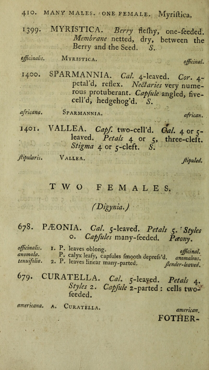 1399* MYRISTICA. Berry flelhy, one-feeded. Membrane netted, dry, between the Berry and the Seed. S. officinalis. Myristica. officinal. 1400. SPARMANNIA. Cal. 4-leaved. Cor. 4- petal d, reflex. NeSlaries very nume- rous protuberant. Capfule angled, five- cell’d, hedgehog’d. S. africana. Sparmannia. african. 1401. VALLEA. Cap/, two-cell’d. dal. 4 or 5- leaved. Petals 4 or 5, three-cleft. Stigma 4 or 5-cleft. S. JUpuled, Jlipularis. Vallea TWO FEMALES. (Digynia.) 678. P./EONIA. Cal. 5-leaved. Petals 5. ' Styles o. Capfules many-feeded. Paony. officinalis. r. P. leaves oblong. officinal “It , I' «P^Im fmooth deprefs’d. anomalous, tenuifolia. 2. P. leaves linear many-parted. [/lender.leaved. 679. CURATELLA. Cal. 5-leayed. Petals 4. Styles 2. Capfule 2-parted : cells two-T feeded. Americana, a. Curatella. american. FOTHER-