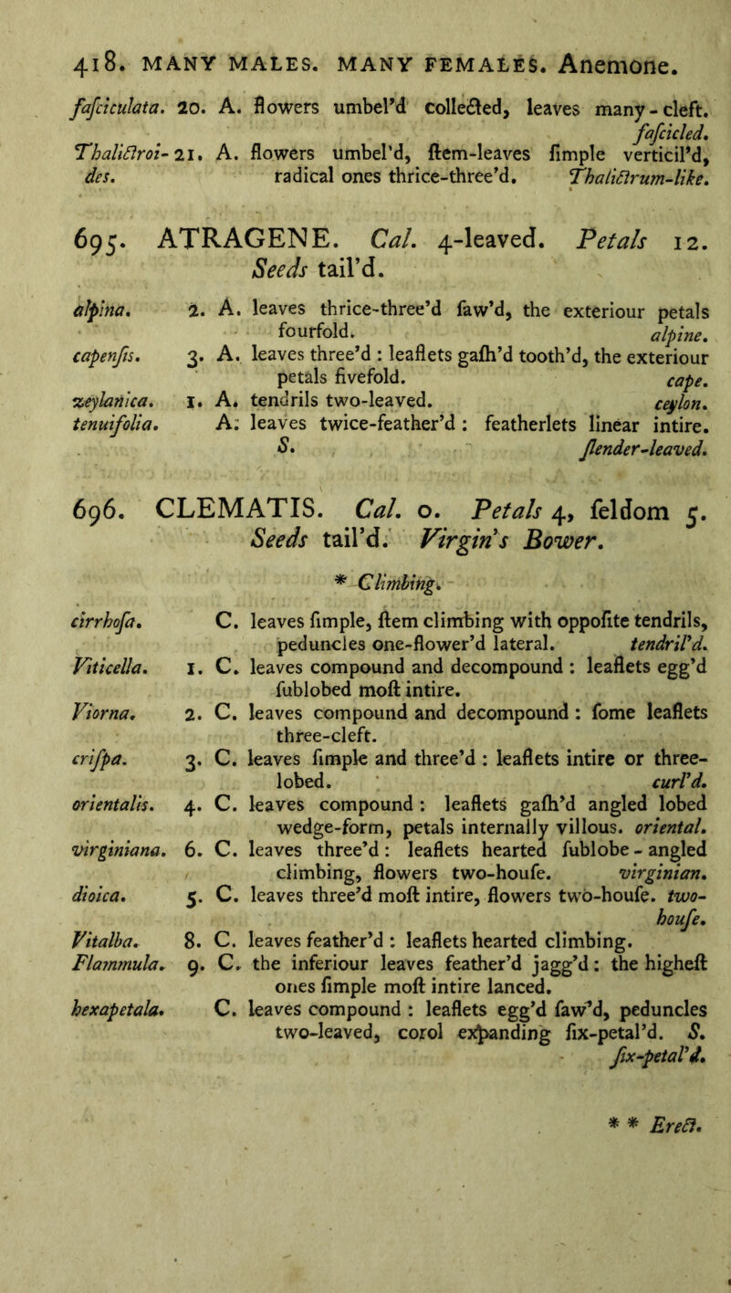 fafciculata. 20. A. flowers umbelM colleQed, leaves many-cleft. fafcicled. Thaliftroi- 21. A. flowers umbel’d, ftem-leaves Ample verticil’d, des. radical ones thrice-three’d. Thalittrum-like. 695. ATRAGENE. Cal. 4-leaved. Petals 12. Seeds tail’d. alpha. 2. A. leaves thrice-three’d faw’d, the exteriour petals fourfold. alpine, capenfts. 3. A. leaves three’d : leaflets gafh’d tooth’d, the exteriour petals fivefold. cape, xeylariica. 1. A. tendrils two-leaved. ceylon. tenuifolia. A. leaves twice-feather’d : featherlets linear intire. Jlender-leaved. 696. CLEMATIS. Cal. o. Petals 4, feldom 5. Seeds tail’d. Virgin s Bower. * Climbing. cirrhofa. Viticella. Viorna. crifpa. orientalis. virgini ana. dioica. Vitalba. Flammula. hexapetala. C. leaves Ample, Item climbing with oppofite tendrils, peduncles one-flower’d lateral. tendril'd. 1. C. leaves compound and decompound : leaflets egg’d fublobed moft intire. 2. C. leaves compound and decompound: fome leaflets three-cleft. 3. C. leaves Ample and three’d : leaflets intire or three- lobed. curl'd. 4. C. leaves compound : leaflets gafh’d angled lobed wedge-form, petals internally villous, oriental. 6. C. leaves three’d: leaflets hearted fublobe - angled climbing, flowers two-houfe. Virginian. 5. C. leaves three’d moft intire, flowers two-houfe. two- houfe. 8. C. leaves feather’d : leaflets hearted climbing. 9. C. the inferiour leaves feather’d jagg’d: the higheft ones Ample moft intire lanced. C. leaves compound : leaflets egg’d faw^d, peduncles two-leaved, corol expanding Ax-petal’d. S. fix-petal'd. * * Erefi.