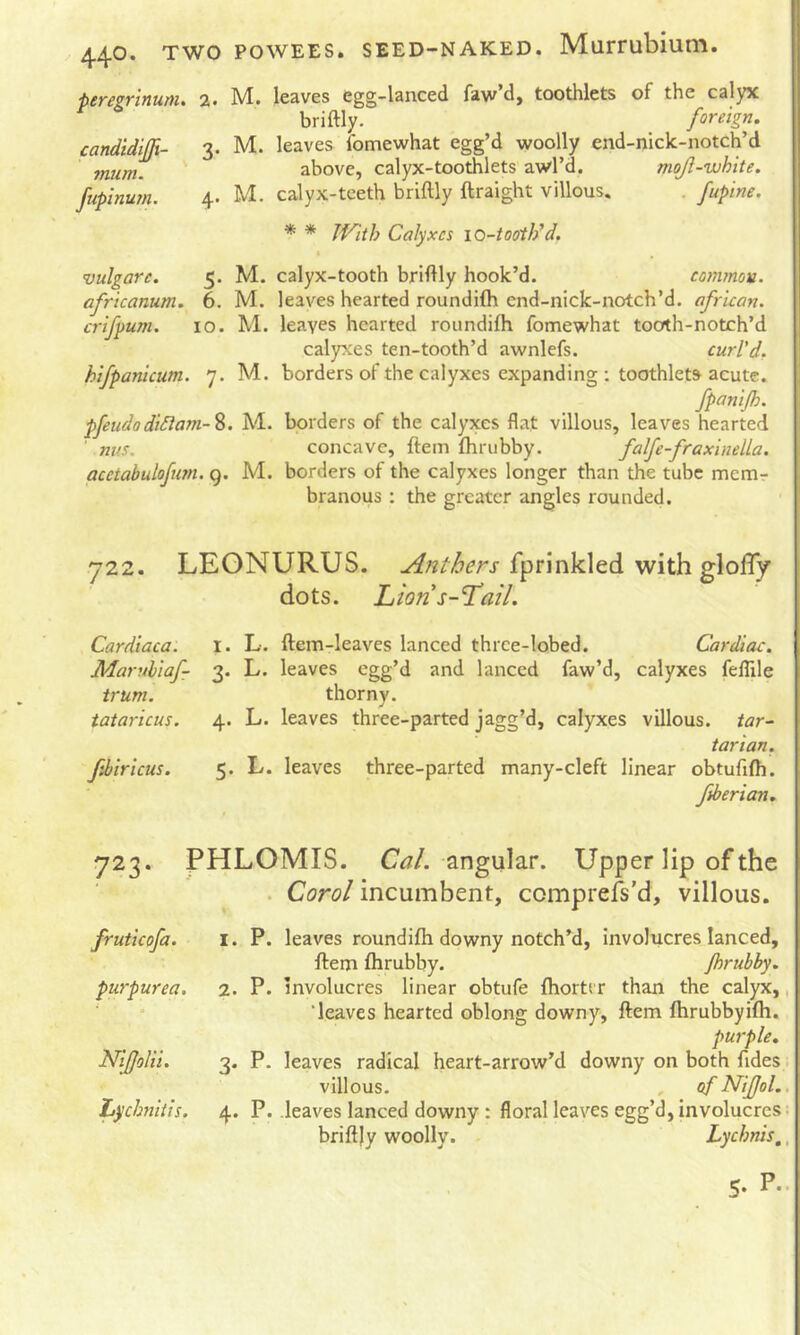 peregrinum. candidijft- mum. ftiplnurn. 2. M. leaves egg-lanced faw’d, toothlets of the calyx briftly. _ foreign. 3. M. leaves lomewhat egg’d woolly end-niclc-notch’d above, calyx-toothlets awl’d. mojl-white. 4. M. calyx-teeth briftly ftraight villous. . fupine. * * JVith Calyxes lo-tooih^d. vulgare. 5. M. calyx-tooth briftly hook’d. common, africanum. 6. M. leaves hearted roundifh end-nick-notch’d. african. crifpum. 10. M. leaves hearted roundifh fomewhat tooth-notch’d calyxes ten-tooth’d awnlefs. curl’d, hifpanicum. 7. M. borders of the calyxes expanding : toothlets acute. fpanijh. pfeudodi5lam-%. M. borders of the calyxes flat villous, leaves hearted nvs. concave, ftem fhrubby. falfe-fraxinella. acciabulofum. 9. M. borders of the calyxes longer than the tube memr branous : the greater angles rounded. 722. LEGNURUS. fprinkled with glofly dots. Lion s-Tail. Cardiaca. Maruhiaf- irum. tataricus. fhiricus. I. L. ftem-leaves lanced thrce-lobed. CarcUac. 3. L. leaves egg’d and lanced faw’d, calyxes felTile thorny. 4. L. leaves three-parted jagg’d, calyxes villous, far- tartan. 5. L. leaves three-parted many-cleft linear obtuftfh. fiber ion. 723. PHLOMIS. angular. Upper lip of the . Carol incumbent, comprefs’d, villous. fruticofa. purpurea. Niffolii. hychnitis. 1. P. leaves roundifh downy notch’d, involucres lanced, fteni fhrubby. Jhrubby, 2. P. involucres linear obtufe fhorttr than the calyx, ‘leaves hearted oblong downy, ftem fhrubbyifh. purple, 3. P. leaves radical heart-arrow’d downy on both Tides. villous. , of Niffol.. 4. P. leaves lanced downy: floral leaves egg’d,involucres: briftjy woolly. Lychnis,,