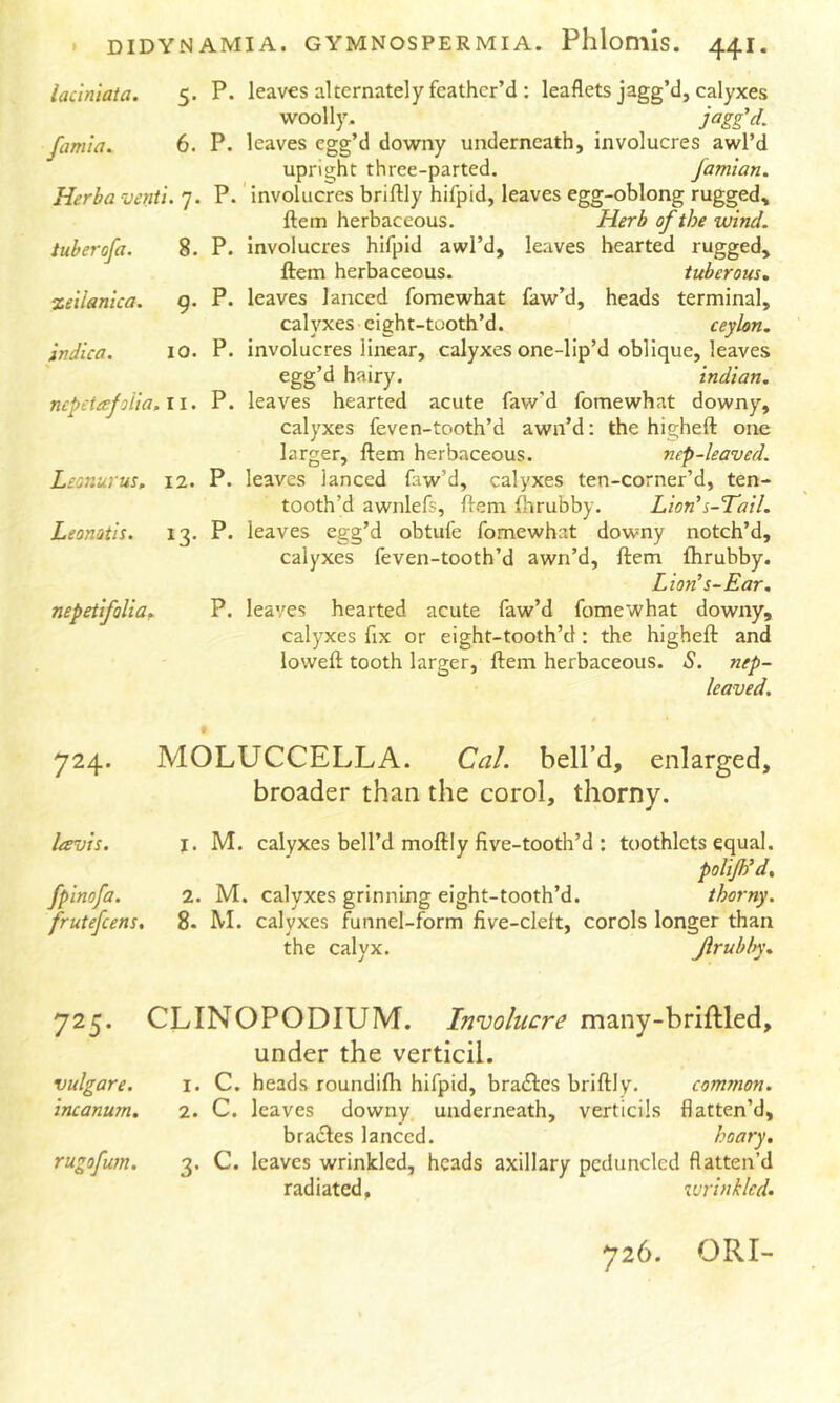 laclniaia. 5. P. leaves alternately feather’d : leaflets jagg’d, calyxes woolly. j^^gg'd. famto. 6. P. leaves egg’d downy underneath, involucres awl’d upright three-parted. famian. Herba venti. 7. P.' involucres briftly hifpid, leaves egg-oblong rugged. Hem herbaceous. Herb of the wind, iuberofa. 8. P. involucres hifpid awl’d, leaves hearted rugged. Item herbaceous. tuberous» zeilanica. 9. P. leaves lanced fomewhat faw’d, heads terminal, calyxes eight-tuoth’d. ceylon. indica. lO. P. involucres linear, calyxes one-lip’d oblique, leaves egg’d hairy. tndian. nepetafoUa.11. P. leaves hearted acute faw'd fomewhat downy, calyxes feven-tooth’d awn’d: the higheft one larger, ftem herbaceous. nep-leaved. Leonurus, 12. P. leaves lanced faw’d, calyxes ten-corner’d, ten- tooth’d awnlefs, flem fhrubby. Lion’s-TaiL Leonotis. 13. P. leaves egg’d obtufe fomewhat downy notch’d, calyxes feven-tooth’d awn’d, ftem flirubby. Lion’s-Ear, nepetifolia, P. leaves hearted acute faw’d fomewhat downy, calyxes fix or eight-tooth’d : the higheft and loweft tooth larger, ftem herbaceous. S. nep- leaved. 724. MOLUCCELLA. Cal. bell’d, enlarged, broader than the corol, thorny. lavis. j. M. calyxes bell’d moftly five-tooth’d : toothlets equal. polijh’d, fpinofa. 2. M. calyxes grinning eight-tooth’d. thorny, frutefeens, 8. M. calyxes funnel-form five-cleft, corols longer than the calyx. Jirubhy, 725. CLINOPODIUM. Involucre many-briftled, under the verticil. vulgare. i. C. heads roundifti hifpid, braiftes briftly. common, incanum, 2. C. leaves downy underneath, verticils flatten’d, bradles lanced. hoary, rugofum. 3. C. leaves wrinkled, heads axillary pcduncled flatten’d radiated, ivrinkled. 726. ORI-