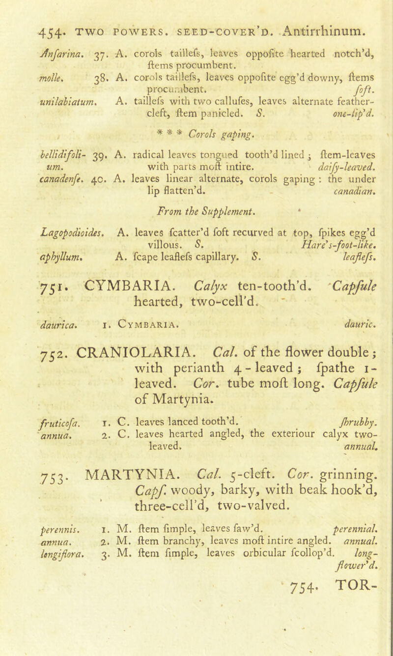 Jnfarina. 37. A. corols taillefs, leaves oppofite hearted notch’d, ftems procumbent. molle, qS. a. corols taillefs, leaves oppofite cffe’d downy, ftems procumbent. foft. un'ilahiatum, A. taillefs with two callufes, leaves alternate feather- cleft, ftem panicled. S. one-lip'd. * * * Co7'ols gaping. ' hellidifoli- 39. A. radical leaves tongued tooth’d lined j ftem-leaves um. with parts moft intire. daify-leaved. canadenfe. 4c. A. leaves linear alternate, corols gaping : the under lip flatten’d. _ Canadian. From the Supplement. * Lagopodioides. A. leaves fcatter’d foft recurved at top, fpikes egg’d villous. S. Hare's-foot-like, aphyllum, A. fcape leaflefs capillary. S. leaflefs. ■751. CYMBARIA. Calyx ten-tooth’d. 'Capfule hearted, two-cell'd. daurica. i. Cymbaria. dauric. 752. CRANIOLARIA. Cal. of the flower double; with perianth 4-leaved; fpathe i- leaved. Cor. tube mofl; long. Capfule of Martynia. fruticofa. r. C. leaves lanced tooth’d. Jhruhby. 'annua. 2. C. leaves hearted angled, the exteriour calyx two- leaved. annual. 753. MARTYNIA. Cal. 5-cleft. Cor. grinning. Cap/, woody, barky, with beak hook’d, three-cell’d, two-valved. perennis. 1. M. ftem fimple, leaves faw’d. perennial, annua. 1. M. ftem branchy, leaves moft intire angled, annual. Itngifiora. 3. M. ftem Ample, leaves orbicular fcollop’d. long- flower'd. ■ 754. TOR-