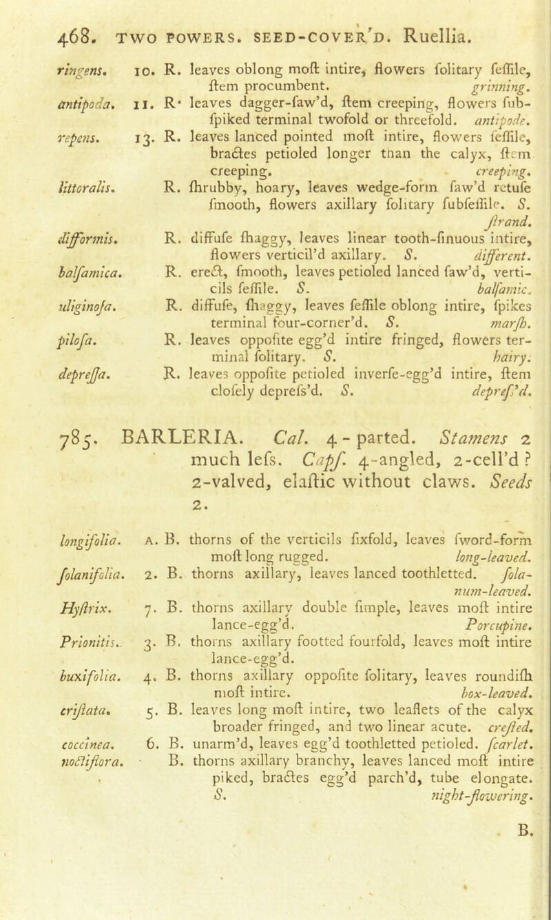 ringens. M 0 • • antipoda. 11. R* repens. 13. R. littoralis. R. difformh. R. halfamica. R. uligmoja. R. pilofa. R. depreffa. R. 00 • BARLl ftem procumbent. grinning. leaves dagger-faw’d, ftem creeping, flowers fub- fpiked terminal twofold or threefold, antipode. leaves lanced pointed moft intire, flowers feflile, bra£les petioled longer tnan the calyx, ftem creeping. _ - creeping. fhrubby, hoary, leaves wedge-fohn faw’d rctufe fmooth, flowers axillary folitary fubfelHle. S. Jhand. difFufe fhaggy, leaves linear tooth-finuous intire, flowers verticil’d axillary. S. different. cils feflile. S. fFufe, fliaggy, leaves fefli terminal four-corner’d. ives oppofite egg’d intir minal folitary. S. Lves oppofite petioled inv clofely deprefs’d. S. S. balfa7nic. re, fpikes marjh. iwers ter- hairy. :ire, ftem deprepd. much lefs. Capf. 4-angled, 2-ceU’d.? 2-valved, elaftic without claws. Seeds 2. longifoUa. A. B. Jolanifolia. 2. B. Hyfirix. 7- B. Prionitis.. 3* B. buxifolia. 4- B. crijlata. 5- B. coccinea. 6. B. nodlifiora. B. thorns of the verticils fixfold, leaves fword-form moft long rugged. long-leaved. thorns axillary, leaves lanced toothletted. fola~ mun-leaved. thorns axillary double fimple, leaves moft intire lance-egg’d. Porcupme. thorns axillary footted fourfold, leaves moft intire lance-egg’d. thorns axillary oppofite folitary, leaves roundifti moft intire. hox-leaved. leaves long moft intire, two leaflets of the calyx broader fringed, and two linear acute, crejled. unarm’d, leaves egg’d toothletted petioled. fcarlet. thorns axillary branchy, leaves lanced moft intire piked, bradles egg’d parch’d, tube elongate. S. tiight-JlovJering. . B. (