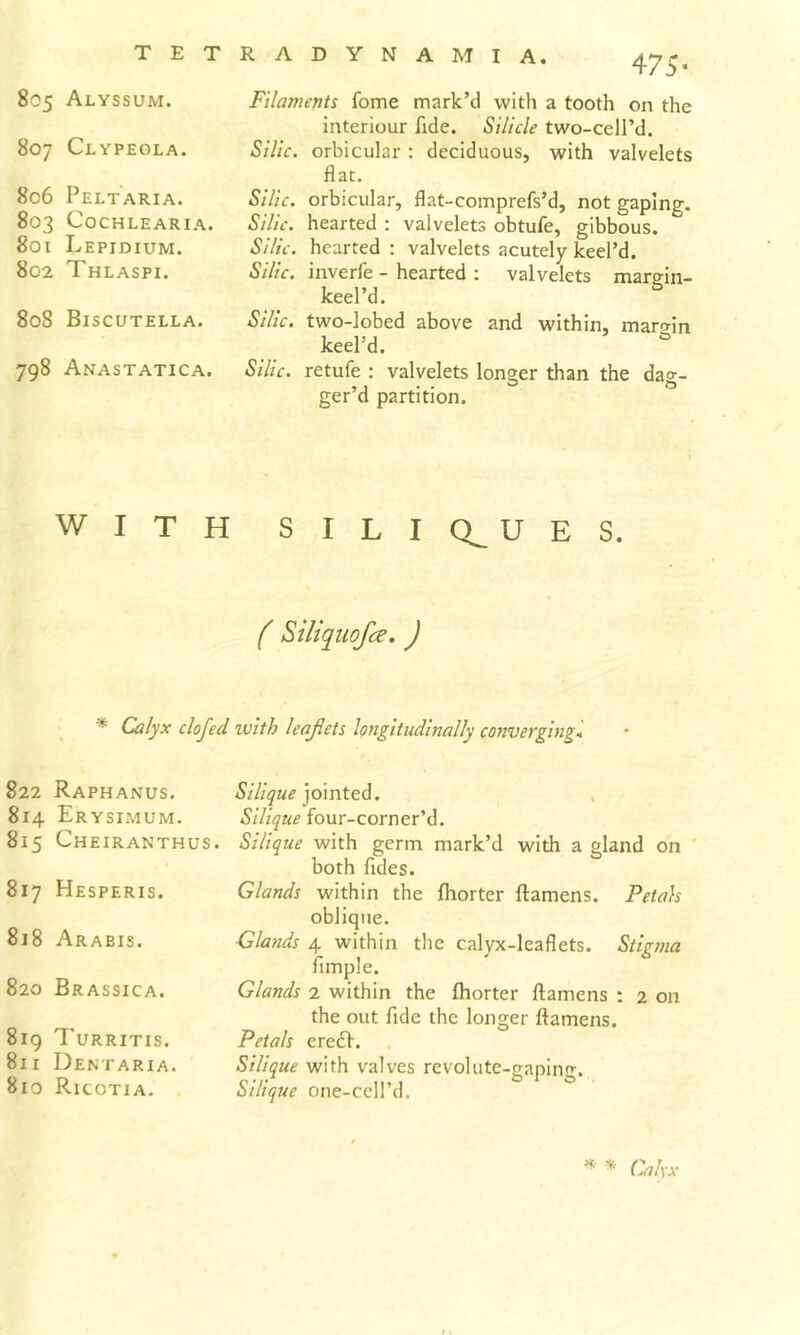 TETRADYNAMIA. 805 Alyssum. 807 Clypegla. 806 Peltaria. 803 Cochlearia. 801 Lepidium. 802 Thlaspi. 808 Biscutella. 798 Anastatica. 475- Filaments fome mark’d with a tooth on the interiour fide. Silicle two-celPd. Sillc. orbicular : deciduous, with valvelets flat. Silic. orbicular, flat-comprefs’d, not gaping. Silic. hearted ; valvelets obtufe, gibbous. Silic. hearted : valvelets acutely keel’d. Silic. inverfe - hearted ; valvelets marein- keel’d. ^ Silic. two-lobed above and within, maro-jn keel’d. ^ Silic. retufe : valvelets longer than the dag- ger’d partition. with siliq^ues. ( Siliquofa, j * Calyx clofed with leaflets longitudinally converging'. 822 Raphanus. 814 Erysimum. 815 Cheiranthus. 817 Hesperis. 818 Arabis. 820 Brassica. 819 Turritis. 81 i Dentaria. 810 Ricotia. Sili^ue jointed. , Silique four-corner’d. Silique with germ mark’d with a gland on ' both Tides. Glands within the fhorter ftamens. Petals oblique. Glands 4 within the calyx-leaflets. Stigina Ample. Glands 2 within the fhorter flamens : 2 on the out fide the longer ffamens. Petals erecSf. Silique with valves revolute-gaplng. Silique one-cell’d. ^ Cah-x