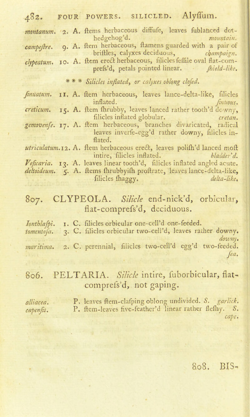 montanum. '2. A. ftems herbaceous diffufe, leaves fublahced dot- hcdgehog’d. mountain, campejlre. 9. A. ftem herbaceous, ftamens guarded with a pair of briftles, calyxes deciduous, champaign, clypeatum. 10. A. ftcm eredf herbaceous. Illicies feflile oval flat-com- prefs’d, petals pointed linear. Jhield-like. * * * Silkies mflated, or calyxes oblong clofed. ftnuaium. ii, A. ftem herbaceous, leaves laiice-delta-like, filicles inflated. fmtious. creticum. 15. A. ftem ftirubby, leaves li^nced rather tooth’d downy, filicles inflated globular. Cretan, gemovenfe. 17. A. ftem herbaceous, branches divaricated, radical leaves inverfe-egg’d rather downy, filicles in- flated. utriculatum.12. A. ftem herbaceous eredl:, leaves polifli’d lanced moft inti re, filicles inflated. bladder d. Veficaria. 13. A. leaves linear tooth’d, filicles inflated angled acute. deltoideum. 5. A. ftems ftirubbyifti proftrate, leaves lance-delta-like, filicles ftiaggy. delta-like, 807. CLYPEOLA. Silicle end-nick’d, orbicular, flat-comprefs’d, deciduous. lonthlafpi. i. C. filicles orbicular one-cell’d one-feeded. iomentofa. 3. C. filicles orbicular two-cell’d, leaves rather downy. downy, snaritima. 2. C. perennial, filicles two-cell’d egg’d two-feeded. fea. 806. PELT ARIA. intire, fuborbicular, flat- comprefs’d, not gaping. alliacea. P. leaves ftem-clafping oblong undivided. iS\ garlick. eapenfis. P. ftem-lcaves five-fcather’d linear rather flefliy. -S’. cape. 808. BIS-