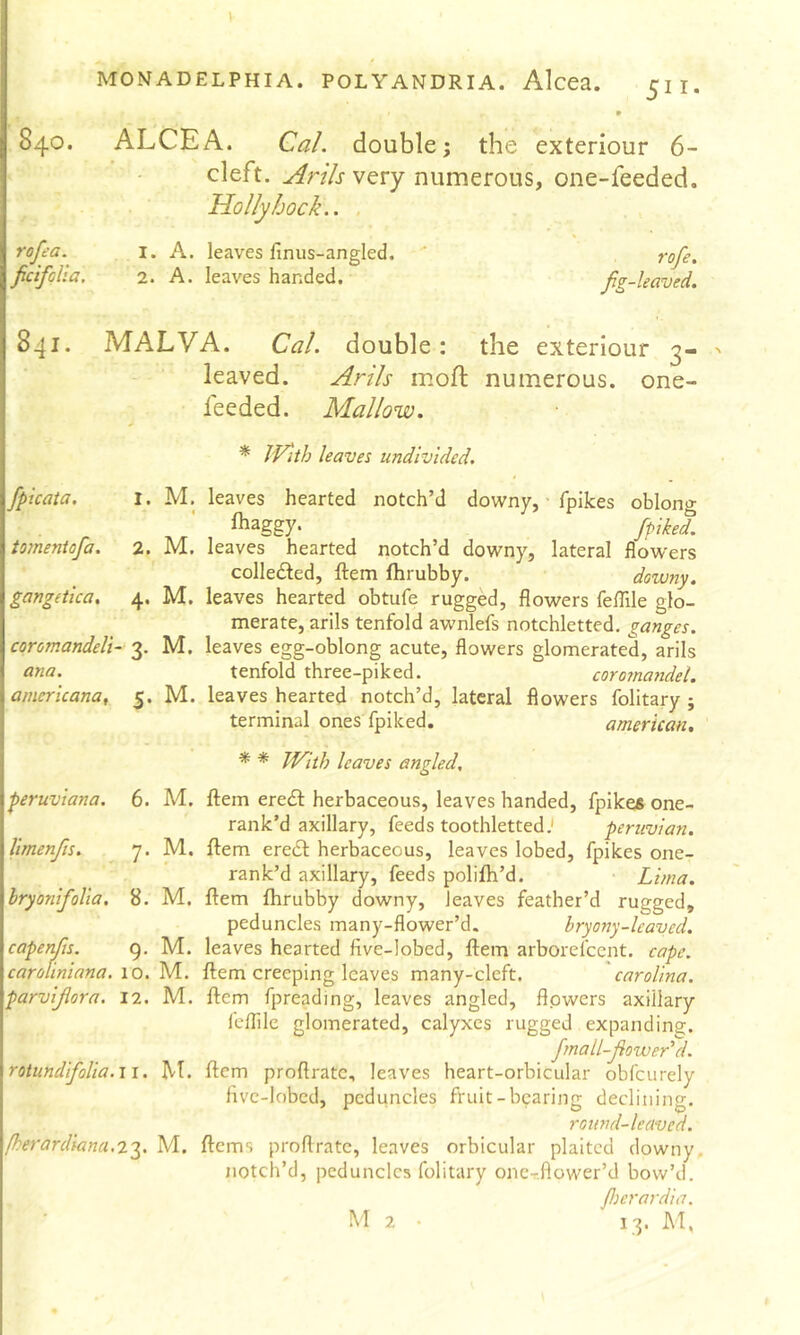 \ MONADELPHIA. POLYANDRIA. Alcca. 51 i. 840. rofea. ficifqlia. ALCEA. Cal. double; the exteriour 6- cleft. Arils very numerous, one-feeded. Hollyhock.. 1. A. leaves finus-angled. 2. A. leaves handed. rofe. Jig-leaved. 841. MALVA. Cal. double; the exteriour 3- ' leaved. Arils mofl numerous, one- leeded. Mallow. * IVith leaves undivided. fpicata. 1. M. leaves hearted notch’d downy, • fpikes oblono- fliaggy. fpikeZ tomeniofa. 2. M. leaves hearted notch’d downy, lateral flowers colledled, ftem ftirubby. downy, gangetica. 4. M. leaves hearted obtufe rugged, flowers feflile glo- merate, arils tenfold awnlefs notchletted, gauges, coromandeli- 3. M. leaves egg-oblong acute, flowers glomerated, arils ana. tenfold three-piked. coro?na?ideL americana, 5. M. leaves hearted notch’d, lateral flowers folitary ; terminal ones Ipiked. amefican, * * With leaves angled. peruviana. 6. M. Item eredf herbaceous, leaves handed, fpikes one- rank’d axillary, feeds toothletted.' peruvian. limenfis. 7. M. ftem ere£l herbaceous, leaves lobed, fpikes one- rank’d axillary, feeds poliftt’d. Lima. hryonifoUa. 8. M. ftem flirubby downy, leaves feather’d rugged, peduncles many-flower’d. hryony-leaved. capenfis. 9. M. leaves hearted five-lobed, ftem arborefeent. cape, caroliniana. \o.yi. ftem creeping leaves many-cleft. Carolina, parvijlora. 12. M. ftem fpreading, leaves angled, flowers axillary feflllc glomerated, calyxes rugged expanding;. frnall-JiowerW. rotundifolia.il. M. ftem proftratc, leaves heart-orbicular obfeurely fivc-lobcd, peduncles fruit-bearing declining. round-leaved. fherardiana.2'^. M. ftems proftrate, leaves orbicular plaited downy. notch’d, peduncles folitary onc-.flower’d bow’d, foerardia. M 2 . 13. M,