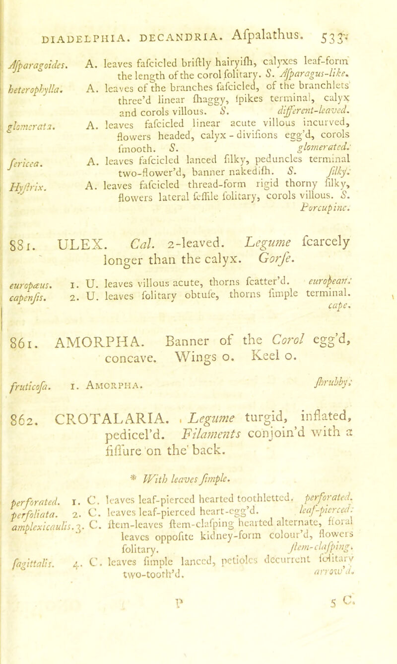 Jjparagoides. heterophylla. ghnicrata. ferlcca. Hs/hlx. A. leaves fafcicled briftly halrylfli, cal)'xes leaf-fonn the length of the corol folitary. 6. ^Jpamgus-like, A. leaves of the branches fafcicled, of the branchlets thrce’d linear fhaggy, ipikes terminal, calyx and corols villous. S, different-leaved. A. leaves fafcicled linear acute villous incurved, flowers headed, calyx - divifions egg’d, corols finooth. S. glomeratcd.- A. leaves fafcicled lanced filky, peduncles terminal two-flower’d, banner nakedifh. S. fdkj: A. leaves fafcicled thread-form rigid thorny filky, flowers lateral feflile folitary, corols villous, 'S. Porcupine. 881. ULEX. Cal 2-leaved. Legume fcarcely longer than the calyx. Gorfe. europaus. I. U. leaves villous acute, thorns fcatter’d. eurof>ean: capenfts. 2. U. leaves folitary obtufe, thorns Ample terminal. ^ cape, 861. AMORPHA. Banner of the Corol egg’d, concave. Wings o. Keel o. fruticofa. i. Amorpha. Jhruhbyc 862. CROTALARIA. .Legume turgid, ^ inflated, pedicel’d. Fila?nc?its conjoin’d with a fiflure 'on the’ back. perforated. l. perfohata. 2. ample xicaulh.'}^ fagittalis. 4. C. C. C. C. * IVith leaves fvnple. leaves leaf-pierced hearted toothlettcd. perforated. leaves leaf-pierced heart-egg’d. leaj-picrced: flem-leaves ftem-clafping hearted alternate, floral leaves oppofitc kidney-form colour d, flowers folitary. Jlem-clafping. Icav'es Ample lanced, petioles decurrent Icilitruv two-tootlfd. anozva. P 5 c:.