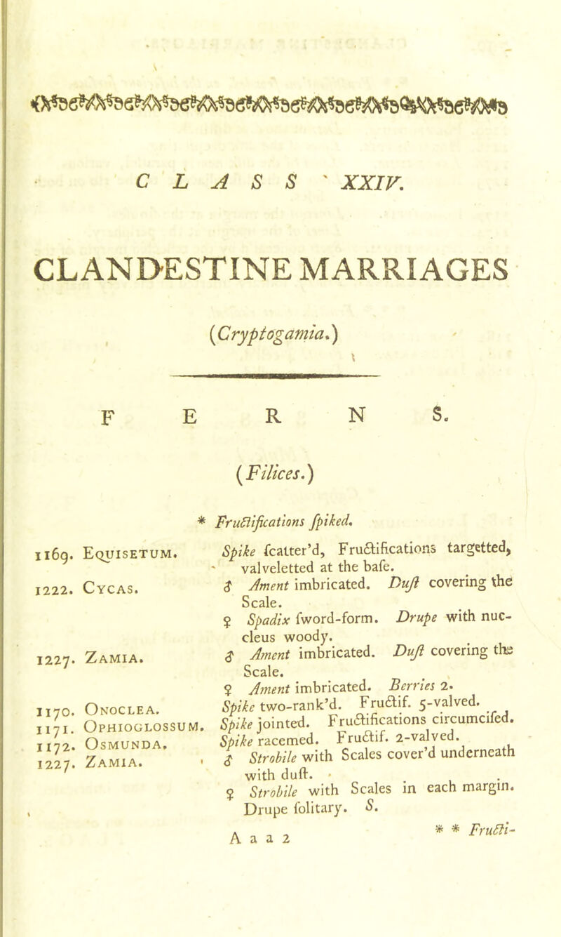 CLASS' XXIV. CLANEVESTINE MARRIAGES {Cryptogamia*) \ ferns. {^Filices.) * FruSiifications fpiked. 1169. Equisetum. 1222. Cycas. 1227. Zamia. 1170. Onoclea, 1171. Ophioglossum. 1172. OsMUNDA, 1227. Zamia. • spike fcatter’d, Fruaifications targetted, valveletted at the bafe. S imbricated. Duji covering vhe Scale. $ Spadix fword-form. Drupe with nuc- cleus woody. S Ament imbricated. DuJl covering the Scale. ? Ament imbricated. Berries 2. two-rank’d. Fruaif. 5-valved. jointed. Fruaifications circumcifed. Spike r^-CtmcA. Fruaif. 2-valved. $ Strobile with Scales cover’d underneath with duft. • $ Strobile with Scales in each margin. Drupe folitary. S. A a a 2 * * Fru6li-