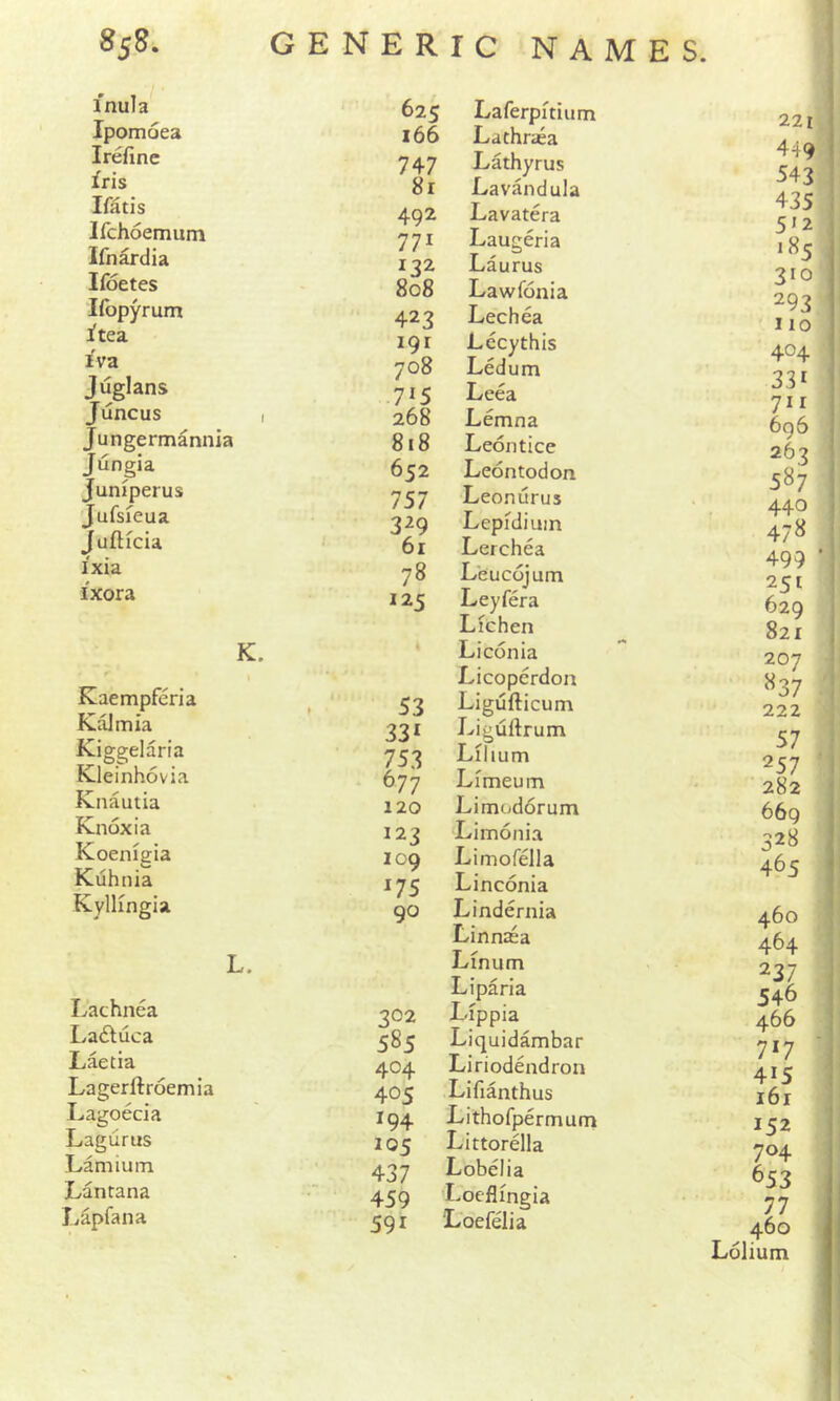 inula Ipomoea Irefine iris Ifatis Ifchoemum Ifn^dia Ifoetes Ifopyrum itea iva Juglans Juncus I Jungermannia Jungia Juniperus 'Jufsieua Jufticia ixia ixora K. Kaempferia Kalmia Kiggelarla Kleinhovia Knautia Knox i a Koenigia Kuhnia Kyllingia L. Lachnea Ladluca Laetia Lagerftroemia Lagoecia Lagurus Lamium Lantana Iv%fana 625 Laferpitium 166 Lathraea 747 Lathyrus 81 Lavandula 492 Lavatera 771 Laugeria 132 Laurus 808 Lawfonia 423 Lechea 191 Lecythis 708 Ledum 7*5 Leea 268 Lemna 818 Leontice 652 Leontodon 757 Leonurus 329 Lepidium 61 Lerchea 78 Leucojum 125 Leyfera Lichen Li conia Licoperdon 53 Ligufticum 331 Liguftrum 753 Lilium 677 Limeum 120 Limod6rum 123 Limonia 109 Limofella 175 Linconia 90 Lindernia Linnasa Linum Liparia 302 Lippia 585 Liquidambar 404 Liriodendron 405 Lifianthus 194 Lithofpermum 105 Littorella 437 Lobelia 459 Loeflingia 591 L'oefelia 22l 4-19 543 435 5<2 •85 ^ 310 293 110 404 33» 711 696 263 587 440 478 499 ■ 251 629 821 207 837 1 222 57 : 257 282 669 328 465 460 464 237 546 466 7*7 4*5 161 1 152 704 653 77 460 Lolium