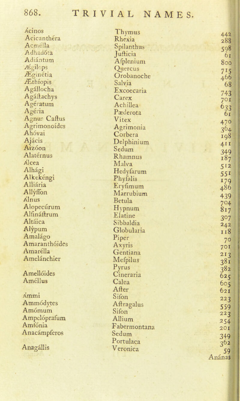 Acinos Acicanthera Acmella Adhadota Adiantum yEgilops iEginetia iT^thfopis Agallocha Agaftachys Ageratum Ageria Agnus Caftus Agrimonoides Ahovai Ajacis Aizoon Alaternus Alcea Alhagi Alkekengi Alliaria AllylTon Alnus Alopecurum Alfinaftrum Altaica Alypum Amalago O ^ Amaranthoidcs Amarella Amelanchier Amelloides Amellus Ammi Ammodytes Amomum Ampeloprafura Amfonia Anacampferos Anagallis Thymus Rhexia Spilanthus Jufticia Afplenium C^iercus Orobanoche Salvia Excoecaria Carex Achillea Paederota Vitex Agrimonia Corbera Delphinium Sedum Rhamnus Malv'^a Hedyfarum Phyfalis Eryfimum Marrubium Betula Hypnum Elatine Sibbaldia Globularia Piper Axyris Gentiana Mefpilus Pyrus Cineraria Calea After Sifon Aftragalus Sifon Allium Fabermontana Sedum Portulaca V eronica 442 288 598 61 800 71 466 68 743 701 633 61 1 470 ’ 364 j 198 ! 411 : 349 ■ 187 i 512 ! 551 ! 179 486 439 ! 704 I 817 • 307 . 242 i 118 • 70 ; 701 ii 213 t 381 i 382 i 625 I 605 I 621 i 223 559 222 254 201 349 362 . 59 Ananas