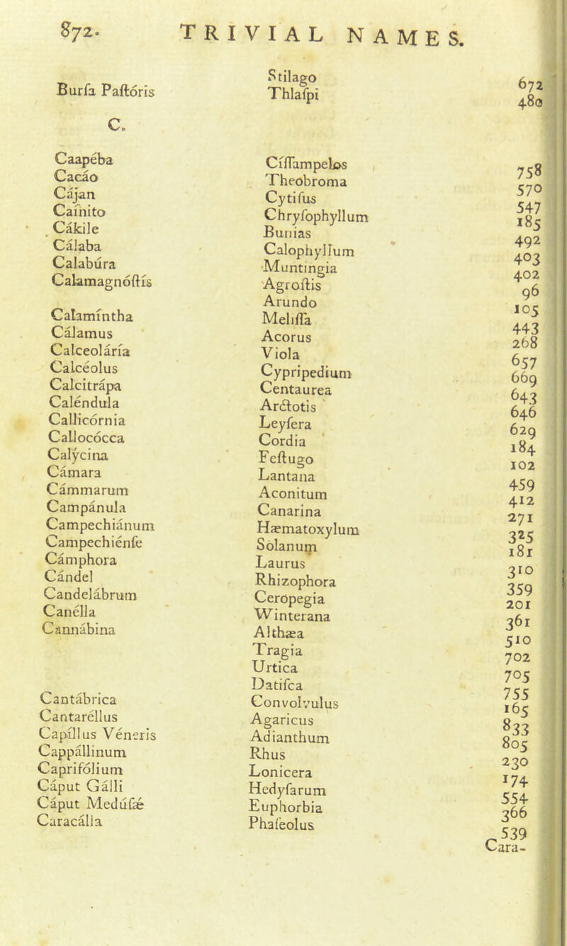 672 48c5 ^72- TRIVIAL NAMES. Burfa Paftoris C. Caapeba Cacao Cajan Cafhito • , Caldle Calaba Calabura Calainagnoftis Calammtha Calamus Calceolaria Calceolus Calcitrajja Calendula CalJicornia Callococca Calycina Camara Cammarum Campanula Campechianum Campechienfe Camphora Candel Candelabrum Can ell a Cannabina Cantabrica Cantarellus CapOlus Veneris Cappallinum Caprifolium Caput Galli Caput Medufae Caracalla Stilago Thlafpi CffTampelos Theobroma Cytifus Chryfophyllum Bunias Calophyllum •Muntingia 'Agroftis Arundo Mel lira Acorus Viola Cypripedium Centaurea Ardlotis ' Leyfera Cordia Feftugo Lantana Aconitum Canarina Haematoxylum Solanuiji Laurus Rhizophora Ceropegia Winterana Althaea Tragia Urtica Uatifca Convolvulus Agaricus Adianthum Rhus Lonicera Hedyfarum Euphorbia Phaleolus 758 570 547 *85 492 403 402 96 105 443 268 657 669 643 646 629 184 102 459 412 271 3*5 i8r 210 359 201 361 510 702 705 755 165 833 805 230 174 554 366 p539 L.ara-