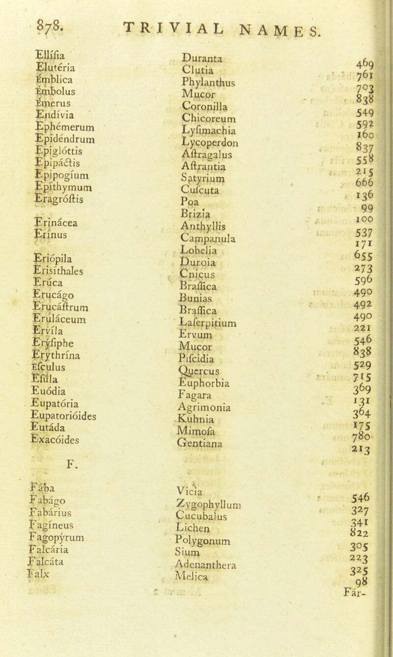 Ellifla Eluteria Emblica Ei^olus imerus Endivia Ephemerum ' Epidendrum Epiglottis Epipaftis Epipogmm Epithymum Ej'agroftis Erjnacea Ermus Eriopila Edsithales Eruca Efi^cago Erucaftrum Erulaceum Ervila Eryfiphe Erythrina Efculus Efdla Euodia Eupatoria Eupatorioides Eutada Exacoides F. Faba F abago Fabarius Fagmeus F agopyruni Falcaria F alcata Falx Duranta Clutia Phylanthus Mucor Coronilla Chicoreum Lyfimachia Lycoperdon Aftragalus Aftrautia Sfityrium Cufcuta Pqa Brizia Anthyllis Campanula Lobelia < Duroia Cnicus Braffica Bunias Braflica Laferpitium Ervum Mucor Pifcidia Qycrcus Euphorbia Fagara Agrimonia .Kuhnia Mimofa Gentiana 469 - ‘ 761 703 ' 838 549 592 160 837 . 558 215 .. 666 ' 136 ^ 99 100 537 171 655 273 596 490 492 490 221 546 838 529 7*5 369 *31 364 *75 780 213 ,j i j I i 1 Vicia Zygophyllum Cucubalus Lichen P olygonum Slum Adenanthera Melica 546 327 341 822 305 223 325 I I (