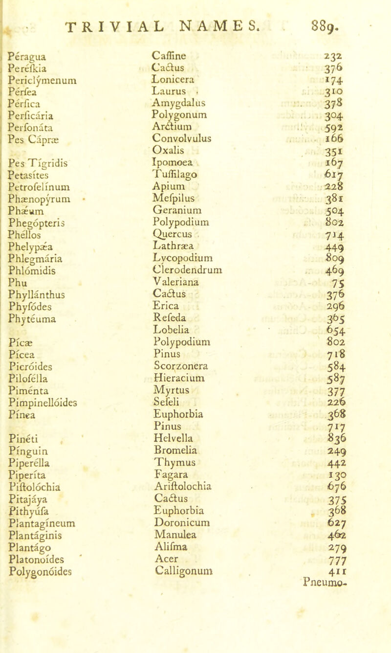 ; Peragua Calline 232 Perefkia CacSlus 376 Periclymenum Lonicera *74 Perfea Laurus . 3LO Perfica Amygdalus 378 Perficaria Polygonum 304 Perfonata Ariftium 592 Pes Caprce Convolvulus ... 166 Oxalis 351 Pes Tigridis Ipomoea 167 Petasites Tullilago 61J Petrofelinum A pi uni 228 Phienopyrum • Mefpilus 381 Phaeum Geranium 504 Phegopteris Polypodium 8G2 Phdios Quercus 7*4 Phelypa^a Lathraea 449 Phlegmaria Lycopodium 809 Phlomidis Clerodendrum 469 Phu V aleriana - 75 Phyllanthus Cadlus 37^ Phyfodes Erica 296 Phyteuma Refeda 3^*5 Lobelia 654 Picae Polypodium 802 Picea Pinus 718 Picroides Scorzonera 584 Pilofella Hieracium 587 Pimenta Myrtus 377 Pimpinelloides Sefeli 226 Pinca Euphorbia 368 Pinus 717 Pineti Helvella 836 Pinguin Bromelia 249 Piperella Thymus 442 Piperita Fagara 130 Piftolochia Ariftolochia 676 Pitajaya Cadtus 375 Pithyiifa Euphorbia 368 Plantagmeum Doronicum 627 Plantaginis Manulea 462 Plantago Alifma 279 Platonoides Acer 777 Polygonoides Calligonum 4ir Pneumo-