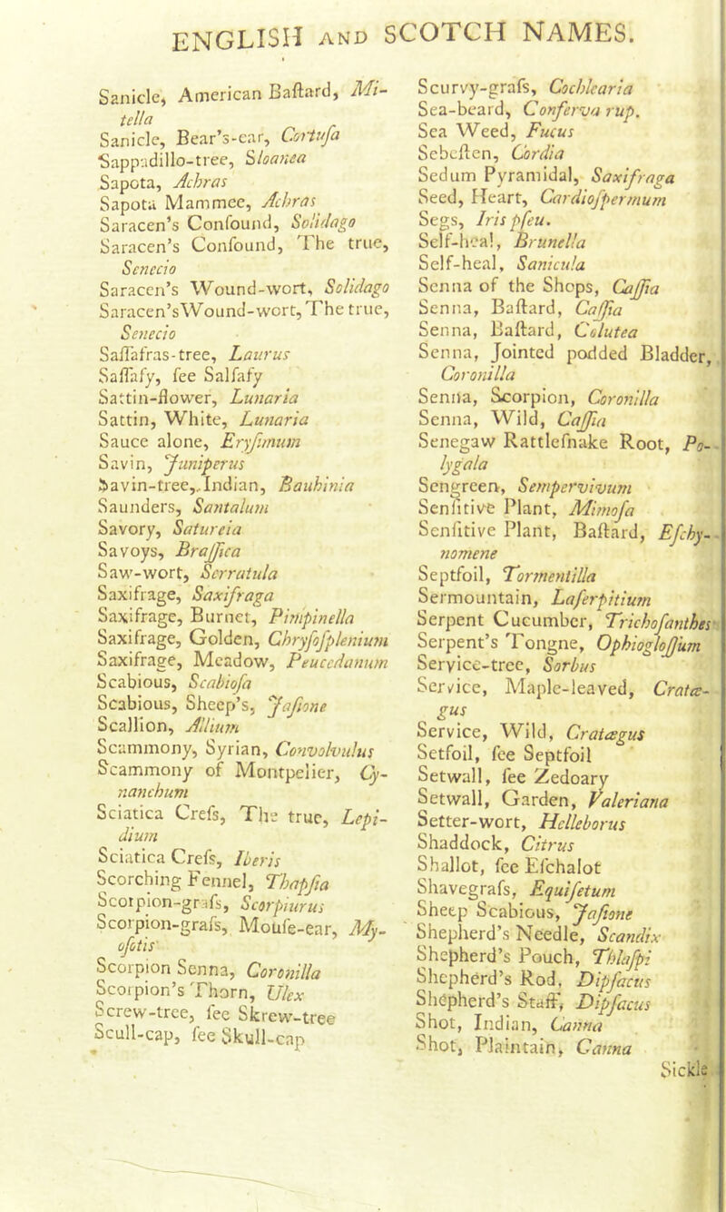 Saniclc) American Baftard, ]\4i- tella Sanicle, Bear’s-car, Sappadillo-tree, ‘Siloanea Sapota, Achras Sapota Mammee, Achras Saracen’s Confound, Solulago Saracen’s Confound, The true, Senccio Saracen’s Wound-wort, SoUdago Saracen’sWound-wortjXhe true, Se7iecio Sall’afras-tree, Laurus SafHify, fee Salfafy Sattin-flower, Lunaria Sattin, White, Lunaria Sauce alone, Eryfanum Savin, 'Juniperus Savin-tree,,Indian, Bauhinia Saunders, Santalum Savory, Satureia Savoys, Brajfca Saw-wort, Serratula Saxifrage, Saxifraga Saxifrage, Burnet, Pimpinella Saxifrage, Golden, Chryfofple7iiu7n Saxifrage, Meadow, Peucedanum Scabious, Scabiofa Scabious, Sheep’s, Jafione Scallion, Allium Scaminony, Syrian, Convokndus Scammony of Montpelier, Cy- nanehum Sciatica Crefs, Tlie true. Lepi- dium Sciatica Crefs, Iberis Scorching Fennel, Thapfia Scorpion-grafs, Scoipnirus Scorpion-grafs, Moufe-ear, My. oftis' Scorpion Senna, Coronilla Scorpion’s Thorn, IJlex Screw-tree, fee Skrew^-tree Scull-cap, fee Skull-cap Scurvy-grafs, Cochlearia Sea-beard, Conferva rup. Sea Weed, Fucus Sebeften, Cordia Sedum Pyramidal, Saxifraga Seed, Heart, Cordiofpermum Segs, Iris pfeu. Self-heal, Brunel'a Self-heal, Sanicula Senna of the Shops, Cajffia Senna, Baftard, Cafia Senna, Baftard, Colutea Senna, Jointed podded Bladder, Coronilla Senna, Scorpion, Coronilla Senna, Wild, CaJfa Senegaw Rattlefnake Root, Po- lygola Sen^reerv, Sempervivum Senfitive Plant, Mimofa Senfitive Plant, Baftard, Efchy- nomene Septfoil, Tormentilla Sermountain, Laferpitium Serpent Cucumber, Trichofanthes' Serpent’s Tongne, Ophioglofiim Serylce-trcc, Sorbus Service, Maple-leaved, Crates- gus Service, Wild, Cratesgus Setfoil, fee Septfoil Set wall, fee iZedoary Set wall. Garden, Valeriana Setter-wort, Hclleborus Shaddock, Citrus Shallot, fee Efchalot Shavegrafs, Equifetum Sheep Scabious, Jafione Shepherd’s Needle, Scandix Shepherd’s Pouch, Thlafpi Shepherd’s Rod, Dipfacus Shepherd’s Staff, Dipfacus Shot, Indian, Canna Shot, Plaintain, Canna Sickle