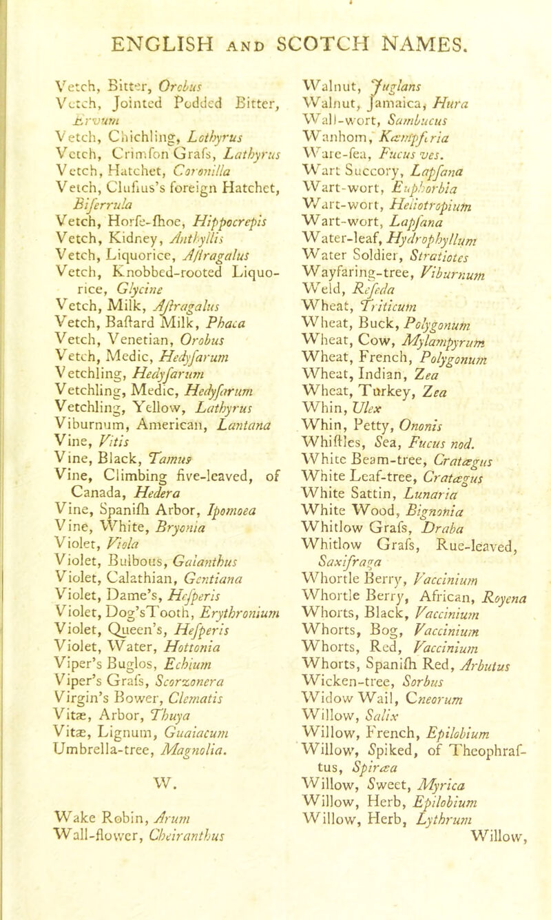 Vetch, Bitter, Orchus Vetch, Jointed Podded Bitter, Ervum Vetch, Chichling, Lothyrus Vetch, Crinifon Grafs, Lathyrus Vetch, Hatchet, Corenilla Vetch, Clufius’s foreign Hatchet, BiJ'errula Vetch, Horfe-fhoe, Hippocrepis Vetch, Kidney, Anthyllh Vetch, Liquorice, Ajiragalus Vetch, Knobbed-rooted Liquo- rice, Glycine Vetch, Milk, Ajiragalus Vetch, Baftard Milk, Phaca Vetch, Venetian, Orobus Vetch, Medic, Hedyfarum Vetchling, Hedyjarinn Vetchling, Medic, Hedyfarum Vetchling, Yellow, Lathyrus Viburnum, American, Lantana Vine, Vitis Vine, Black, Pamus Vine, Climbing five-leaved, of Canada, Hedera Vine, Spanifti Arbor, Jpomoea Vine, VVhite, Bryonia Violet, Viola Violet, Bulbous, Galanthus Violet, Calathian, Gentiana Violet, Dame’s, Hefperis V'^iolet, Dog’sTooth, Erythronium Violet, Queen’s, Hefperis Violet, Water, Hottonia Viper’s Buglos, Echium Viper’s Grafs, Scorxonera Virgin’s Bower, Clematis Vitas, Arbor, Thuya Vite, Lignum, Guaiacum Umbrella-tree, Magnolia. W. Wake Robin, Arum Wall-flovvcr, Cheiranthus Walnut, ‘Juglans Walnut, Jamaica, Hura Wall-wort. Sambucus W a n h o m, Keempf ria Waic-fea, Fucus ves. Wart Succory, Lapfayia Wart-wort, Euphorbia V/art-wort, Heiiotropium Wart-wort, Lapfana Water-leaf, Hydrophyllum Water Soldier, Stratiotes Wayfaring-tree, Viburnwn Weld, Rtfeda Wheat, Triticum Wheat, Buck, Polygonum Wheat, Cow, Mylampyrum Wheat, French, Polygonum Wheat, Indian, Zea Wheat, Turkey, Zea Whin, Ulex Whin, Petty, Ononis Whiftles, 5ea, Fucus nod. White Beam-tree, Cratesgus White Leaf-tree, Cratcegus White Sattin, Lunaria White Wood, Bignonia Whitlow Grafs, Draba Whitlow Grafs, Rue-leaved, Saxifrar^a Whortle Berry, Vaccinium Whortle Berry, African, Royena Whorts, Black, Vacciniu?n Whorts, Bog, Vaccinium W^horts, Red, Vacctniu?n Whorts, Spanifti Red, Arbutus Wicken-tree, Sorbus Widow Wail, Qneorum Willow, Salix Willow, French, Epilobium Willow, -Spiked, of Theophraf- tus. Spiraea Willow, 5weet, My idea Willow, Herb, Epilobium Willow, Herb, Lythrum Willow,