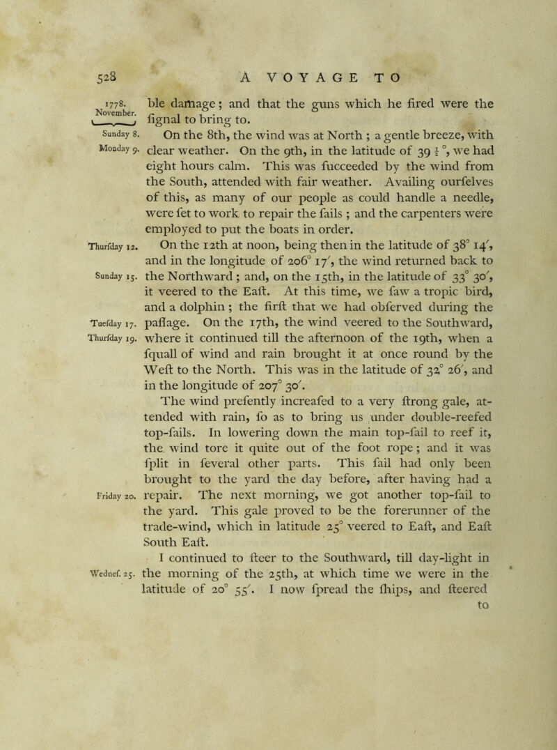 1778. November. Sunday 8, Monday 9. Thurfday 12. Sunday 15. Tuefday 17. Thurfday 19. Friday 20. Wednef. 25. ble damage; and that the guns which he fired were the fignal to bring to. On the 8th, the wind was at North ; a gentle breeze, with clear weather. On the 9th, in the latitude of 39 k we had eight hours calm. This was fucceeded by the wind from the South, attended with fair weather. Availing ourfelves of this, as many of our people as could handle a needle, were fet to work to repair the fails ; and the carpenters were employed to put the boats in order. On the 12th at noon, being then in the latitude of 38'’ 14', and in the longitude of 206° 17', the wind returned back to the Northward ; and, on the 15th, in the latitude of 33° 30', it veered to the Eaft. At this time, we faw a tropic bird, and a dolphin; the firfl that we had obferved during the paflage. On the 17th, the wind veered to the Southward, where it continued till the afternoon of the 19th, when a fquall of wind and rain brought it at once round by the Weft to the North. This was in the latitude of 32° 26, and in the longitude of 207° 30^ The wind prefently increafed to a very ftrong gale, at- tended with rain, fo as to bring us under double-reefed top-fails. In lowering down the main top-fail to reef it, the. wind tore it quite out of the foot rope; and it was fplit in feveral other parts. This fail had only been brought to the yard the day before, after having had a repair. The next morning, we got another top-fail to the yard. This gale proved to be the forerunner of the trade-wind, which in latitude 25° veered to Eaft, and Eaft South Eaft. I continued to fteer to the Southward, till day-light in the morning of the 25th, at which time we were in the latitude of 20° 55^ I now fpread the flaips, and fteered to