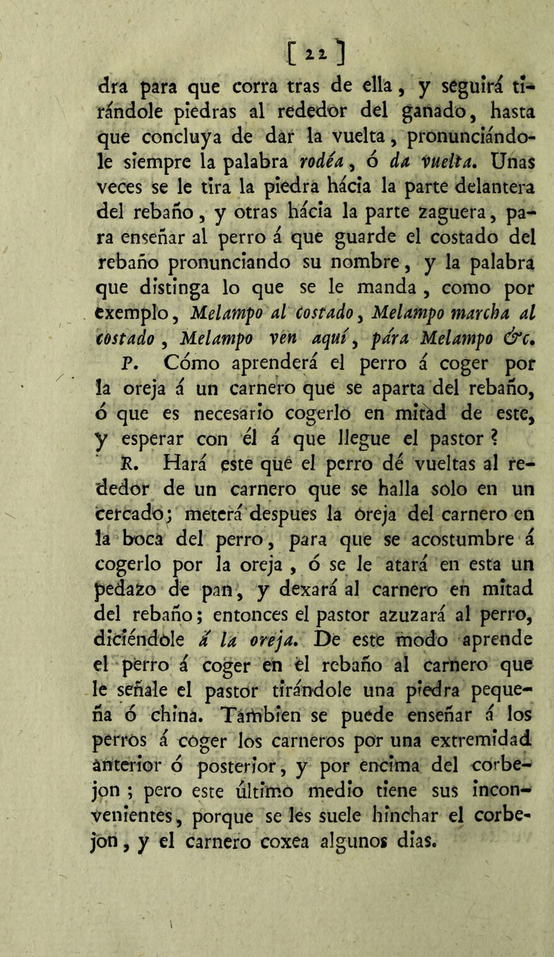 dra para que corra tras de ella, y seguirá ti- rándole piedras al rededor del ganado, hasta que concluya de dar la vuelta, pronunciándo- le siempre la palabra rodea, ó da vuelta» Unas veces se le tira la piedra hacia la parte delantera del rebaño, y otras hacia la parte zaguera, pa- ra enseñar al perro á que guarde el costado del rebaño pronunciando su nombre, y la palabra que distinga lo que se le manda , como por Cxemplo, Melampo al Costado y Melampo marcha al costado y Melampo ven aquí y para Melampo &c» P. Cómo aprenderá el perro á coger por la oreja á un carnero que se aparta del rebaño, ó que es necesario cogerlo en mitád de este, y esperar con él á que llegue el pastor ? P. Hará este qüe el perro dé vueltas al re- dedor de un carnero que se halla solo en un cercado^ meterá después la Oreja del carnero en la boca del perro, para que se acostumbre á cogerlo por la oreja , ó se le atará en esta un pedazo de pan, y dexará al carnero en mitad del rebaño ; entonces el pastor azuzará al perro, diciéndole / la oreja» De este modo aprende el perro á coger en el rebaño al carnero que le señale el pastor tirándole una piedra peque- ña ó china. También se puede enseñar á los perros á coger los carneros por una extremidad anterior ó posterior, y por encima del corbe- jon ; pero este último medio tiene sus incon- venientes, porque se les suele hinchar el corbe- jon, y el carnero coxea algunos dias.