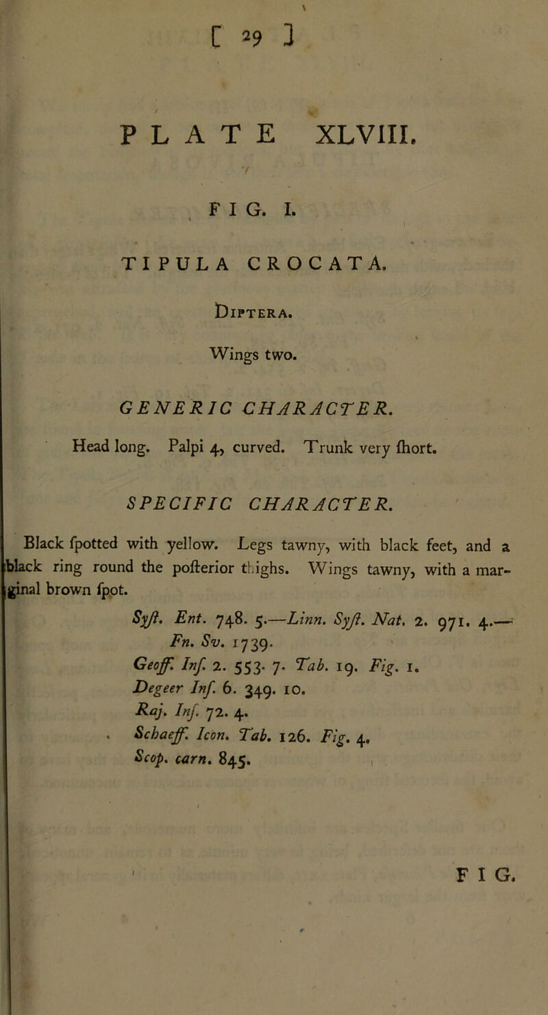 FIG. I. t TIPULA CROCATA. thPTERA. % Wings two. GENERIC CHAR ACT E R. Head long. Palpi 4, curved. Trunk very fhort. SPECIFIC CHARACTER. Black fpotted with yellow. Legs tawny, with black feet, and a black ring round the pofterior thighs. Wings tawny, with a mar- ginal brown fpot. Sy/i. Ent. 748. 5.—Linn. Syjl. Nat. 2. 971. 4.—■ Fn. Sv. 1739. Geoff. Inf. 2. 553. 7. Tab. 19. Fig. 1. Degeer Inf. 6. 349. 10. Raj. Inf. 72. 4. . Schaeff. Icon. Tab. 126. Fig. 4. Scop. earn. 845.