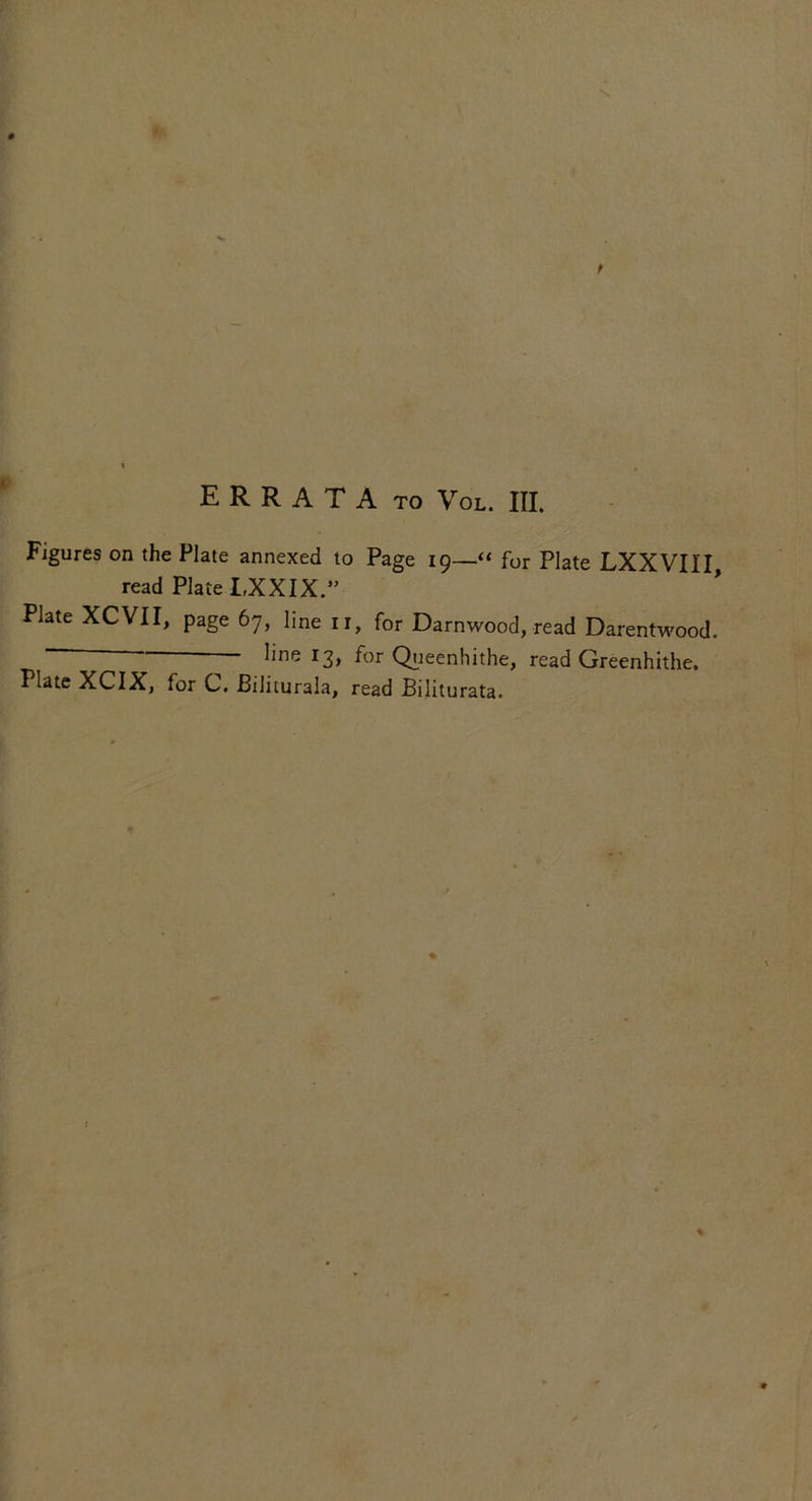 t ERRATA to Vol. III. Figures on the Plate annexed to Page 19—“ for Plate LXXVIl'I, read Plate LXXIX.” Plate XCVII, page 67, line ir, for Darnwood, read Darentwood. “ “ ~ line J3> for Queenhithe, read Greenhithe. Plate XCIX, for C. Biliiurala, read Biliturata. %