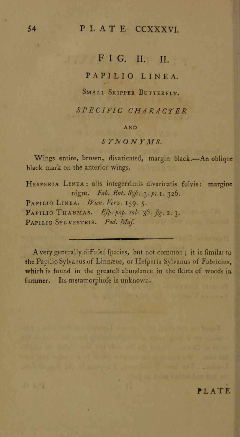 F I G. II. II. PAPILIO LINE A. ¥ Small Skipper Butterfly. SPECIFIC CHARACTER AND s rn o n r m s. Wings entire, brown, divaricated, margin black.—An oblique black mark cn the anterior wings. Hesperia Linea : alis integcrrimis divaricatis fulvis: margine nigro. Fab. Ent. Sy/i. 3. p. 1. 326. Papilio Linea. Wien. Ferz. 159. 5. Papilio Thaumas. EJp. pap. tab. 36. Jig. 2. 3. Papilio Sylvestris. Pod. Muf. A very generally diffufed fpccies, but not common ; it is fimilar to the Papilio Sylvanus of Linnaeus, or Hefperia Sylvanus of Fabricius, which is found in the greateft abundance in the fkirts of woods in fummer. Its metamorphofe is unknown.