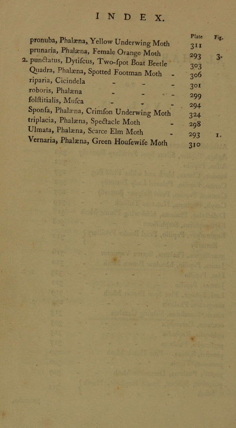 pronuba, Phalasna, Yellow Underwing Moth prunaria, Phalasna, Female Orange Moth 2. punftatus, Dytifcus, Two-fpot Boat Beetle Quadra, Phalasna, Spotted Footman Moth riparia, Cicindela roboris, Phalasna folftitialis, Mufca Sponfa, Phalama, Crimfon Underwing Moth triplacia, Phalasna, Spedacle Moth Ulmata, Phalasna, Scarce Elm Moth Vernaria, Phalasna, Green Houfewife Moth Plate 3U 293 3°3 3°i 299 294 324 298 310 Fit- 3-