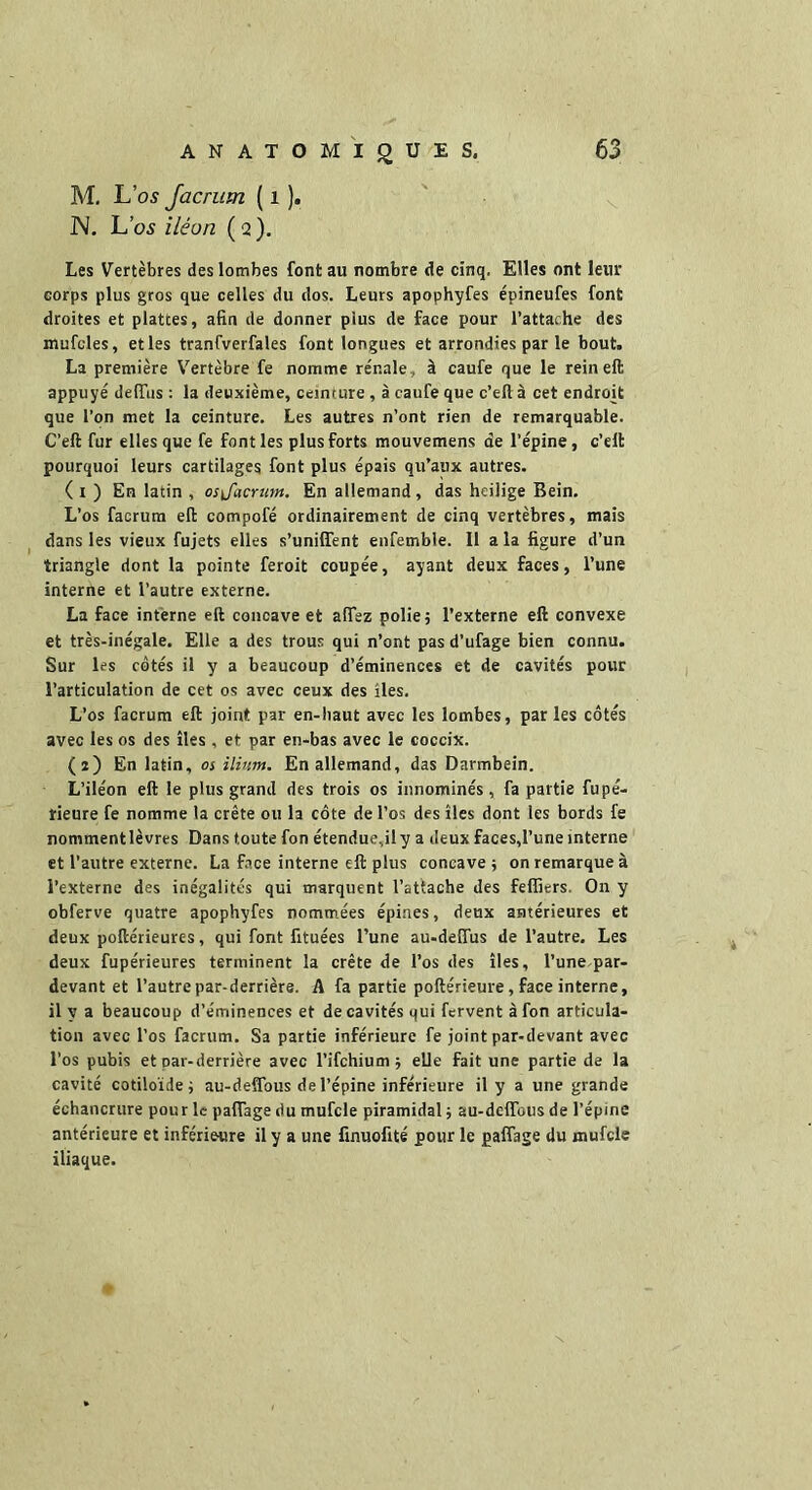 M. L ’os Jacrum ( 1 ). N. Los iléon (2). Les Vertèbres des lombes font au nombre de cinq. Elles ont leur corps plus gros que celles du dos. Leurs apophyfes épineufes font droites et plattes, afin de donner plus de face pour l’attathe des mufcles, et les tranfverfales font longues et arrondies par le bout. La première Vertèbre fe nomme rénale, à caufe que le rein eft appuyé delïus : la deuxième, ceinture , à caufe que c’eft à cet endroit que l’on met la ceinture. Les autres n’ont rien de remarquable. C’eft fur elles que fe font les plus forts mouvemens de l’épine, c’elt pourquoi leurs cartilages font plus épais qu’aux autres. ( 1 ) En latin , os\facrum. En allemand, das heilige Bein. L’os facrum eft compofé ordinairement de cinq vertèbres, mais dans les vieux fujets elles s’unifient enfemble. Il a la figure d’un triangle dont la pointe feroit coupée, ayant deux faces, l’une interne et l’autre externe. La face interne eft concave et afiez polie; l’externe eft convexe et très-inégale. Elle a des trous qui n’ont pas d’ufage bien connu. Sur les côtés il y a beaucoup d’éminences et de cavités pour l’articulation de cet os avec ceux des îles. L’os facrum eft joint par en-haut avec les lombes, par les côtés avec les os des îles, et par en-bas avec le coccix. (ï) En latin, os ilium. En allemand, das Darmbein. L’iléon eft le plus grand des trois os innominés , fa partie fupé- tieure fe nomme la crête ou la côte de l’os des îles dont les bords fe nomment lèvres Dans toute fon étendue,il y a deux faces,l’une interne et l’autre externe. La face interne eft plus concave; on remarque à l’externe des inégalités qui marquent l’attache des fefliers. On y obferve quatre apophyfes nommées épines, deux antérieures et deux poftérieures, qui font fituées l’une au-deffus de l’autre. Les deux fupérieures terminent la crête de l’os des îles, l’une par- devant et l’autre par-derrière. A fa partie poftérieure, face interne, il y a beaucoup d’éminences et de cavités qui fervent à fon articula- tion avec l’os facrum. Sa partie inférieure fe joint par-devant avec l’os pubis et oar-derrière avec l’ifchium ; elle fait une partie de la cavité cotiloïde; au-defious de l’épine inférieure il y a une grande échancrure pour le paflage du mufcle piramidal ; au-defibus de l’épine antérieure et inférieure il y a une finuofité pour le paflage du mufcle iliaque.