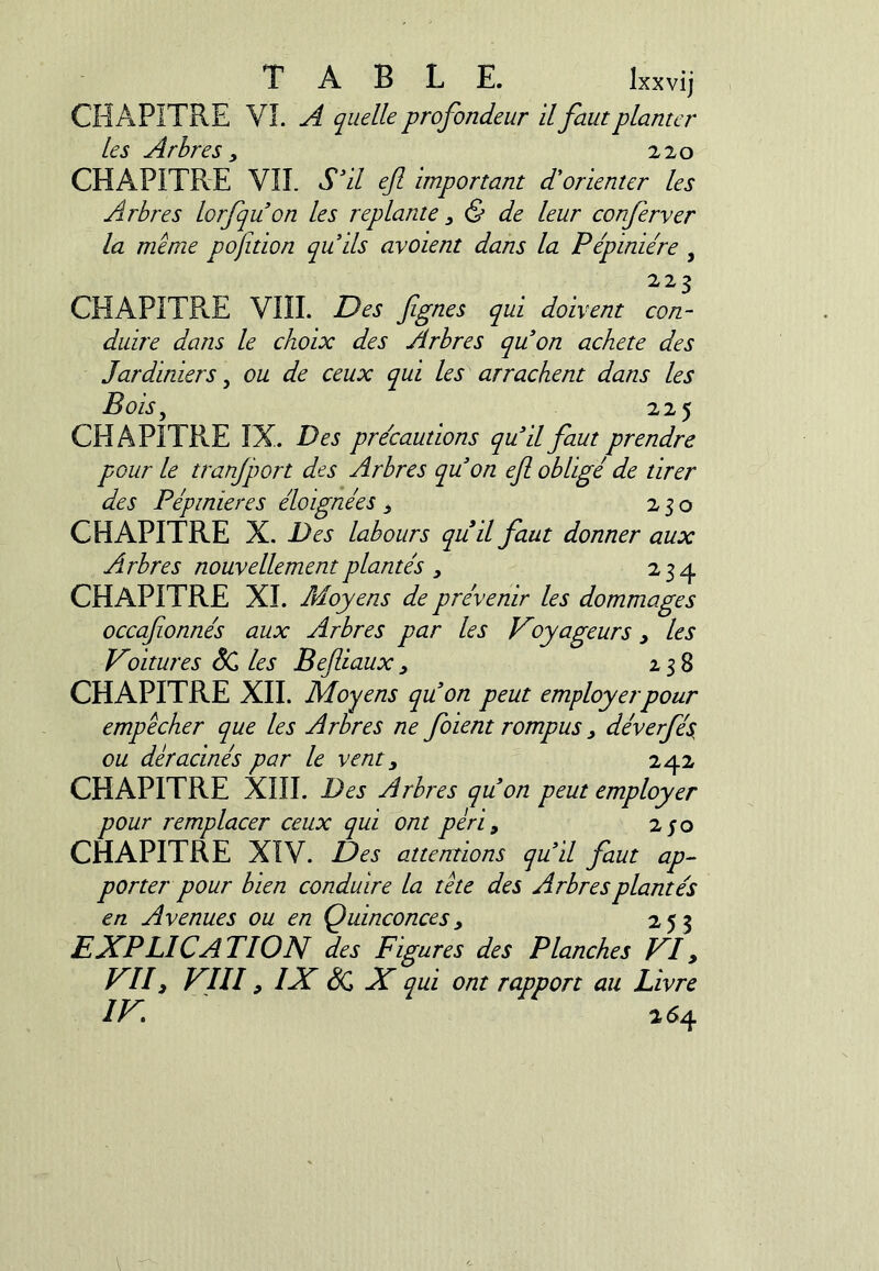 CHAPITRE VI. A quelle profondeur il faut planter les Arbres y 220 CHAPITRE VIL S'il efl important d'orienter les Arbres lorfquon les replante y & de leur conferver la meme poption qu ds avoient dans la Pépinière , 22^ CHAPITRE VIII. Des fgnes qui doivent con- duire dans le choix des Arbres quon acheté des Jardiniers, ou de ceux qui les arrachent dans les Bois, 225 CHAPITRE IX. Des précautions qu'il faut prendre pour le tranjport des Arbres qu on efl obligé de tirer des Pépinières éloignées y 250 CHAPITRE X. Des labours qu il faut donner aux Arbres nouvellement plantés y 234 CHAPITRE XI. Moyens de prévenir les dommages occafionnés aux Arbres par les Voyageurs y les Voitures SC les Befliaux y 238 CHAPITRE XII. Moyens quon peut employer pour empecher que les Arbres ne foient rompus y déverfés^ ou déracinés par le vent y 242 CHAPITRE XIII. Des Arbres quon peut employer pour remplacer ceux qui ont péri y 2/0 CHAPITRE XÏV. Des attentions quil faut ap-- porter pour bien conduire la tète des Arbres plantés en Avenues ou en Quinconces y 253 EXPLICATION des Figures des Planches VIy VII y VIII y IX SC X qui ont rapport au Livre IV. 264