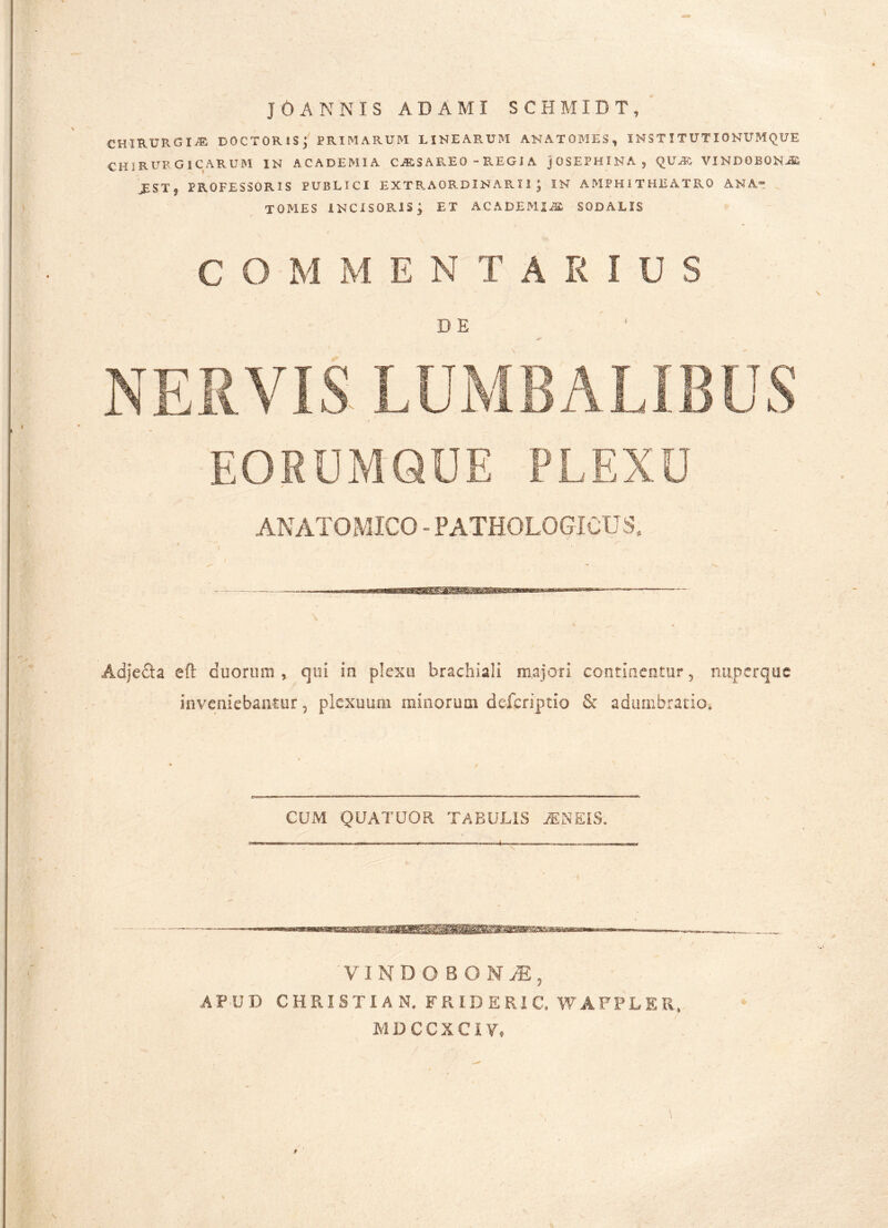 JOANNIS ADAMI SCHMIDT, CHIRURGIA DOCTORIS}' PRIMARUM LINEARUM ANATOMES, INSTITUTIONUMQUE CHIRURGICARUM in ACADEMIA CJRSAREQ - REGIA JQSEPHINA, QUiR VINDOBONA JEST, professoris publici extraordinarii; in AMPHITHEATRO ANA- TOMES iNCISORIS; ET AC ADEMI iSr SODALIS COMMENTARIUS D E EORUMQUE PLEXU ANATOMICO • PATHOLOGICUS, Adjefta eft duorum, qui in plexu brachiali majori continentur, nupcrquc inveniebantur, plexuum minorum defcriptio & adumbratio» CUM QUATUOR TABULIS MNEIS. --- ry...n.,„. n i ■ ■ - ■ ■ ■ ■ - ■■ i - i ■ 4»»— VINDOBON M, APUD CHRISTIAN. FRIDERIC. WAFFLER, MDCCXCIV»