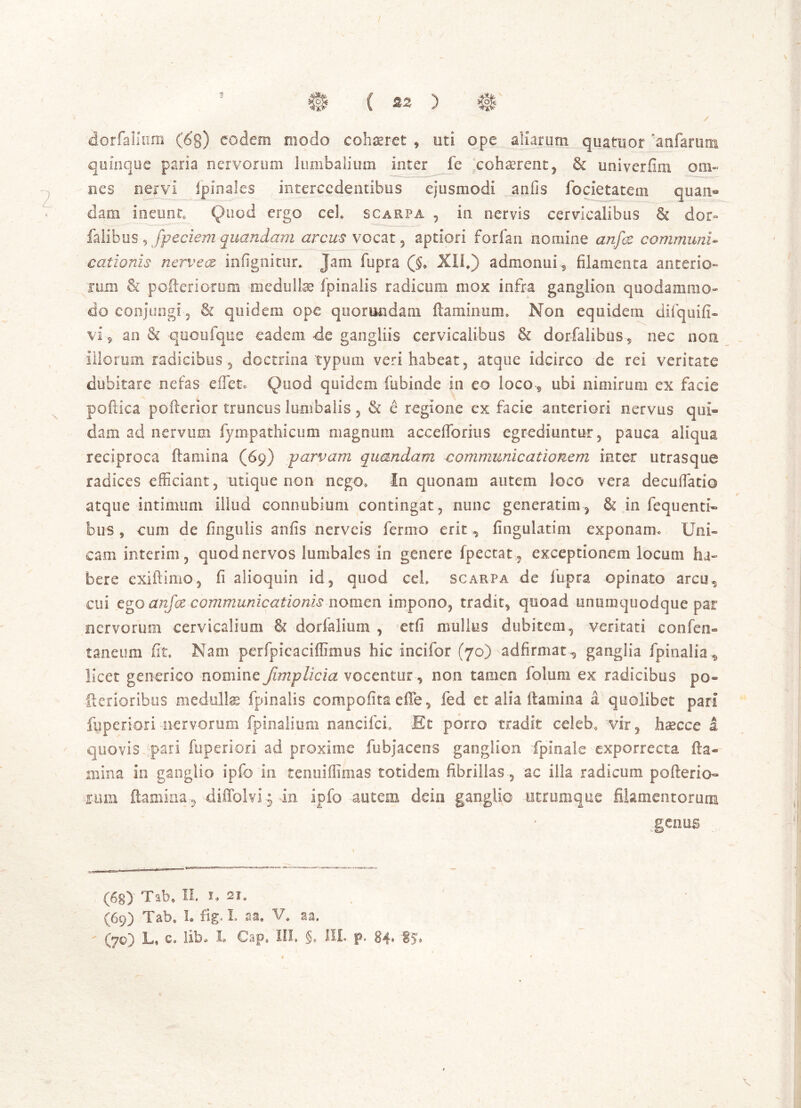 dorfaluim (6g) eodem modo cohaeret , uti ope aliarum quatuor 'anfarum quinque paria nervorum lumbalium inter fe cohaerent, & univerfim om- nes nervi Ipinales intercedentibus ejusmodi anfis focietatem quan* dam ineunto Quod ergo ceh scarpa , in nervis cervicalibus & dor» falibus 9 fpeciem quandam arcus vocat , aptiori forfan nomine anfoe communi- cationis nervect infignitur. Jam fupra (§. XII,) admonui s filamenta anterio- rum & pofteriorum medullae fpinalis radicum mox infra ganglion quodammo- do conjungi, & quidem ope quorumdam flaminum. Non equidem difquifi- vi 9 an & quoufque eadem de gangliis cervicalibus & dorfalibus , nec non illorum radicibus, doctrina'typum veri habeat, atque idcirco de rei veritate dubitare nefas effeto Quod quidem fubinde in eo loco , ubi nimirum ex facie poftica pofterior truncus lumbalis 3 & e regione ex facie anteriori nervus qui- dam ad nervum fympathicum magnum accefforius egrediuntur, pauca aliqua reciproca flamina (69) -parvam quandam communicationem inter utrasque radices efficiant, utique non nego. In quonam autem loco vera decuffatio atque intimum illud connubium contingat, nunc generarim, & in fequenti- bus , cum de fingulis anfis nerveis fermo erit, fingulatim exponam* Uni- cam interim, quod nervos lumbales in genere (pectat, exceptionem locum ha- bere exiftimo, fi alioquin id, quod cel, scarpa de fupra opinato arcu^ cui ego anfee communicationis nomen impono, tradit, quoad unumquodque par nervorum cervicalium & dorfalium , et fi mullus dubitem, veritati confen- tancum fit» Nam perfpicaciffimus hic incifor (70) adfirmat^ ganglia fpinalia licet generico nomine Jimplicia vocentur, non tamen folum ex radicibus po- Aerioribus medullae fpinalis compofita effe, fed et alia flamina a quolibet pari fuperiori nervorum fpinalium nancifci* Et porro tradit celeb0 vir, haecce I quovis pari fuperiori ad proxime fubjacens ganglion fpinale exporrecta fla- mina in ganglio ipfo in tenuiffinias totidem fibrillas, ac illa radicum p o fleri o- rum flamina-, diffolvi 9 in ipfo autem dein ganglio utrumque filamentorum genus (6g) Tab. II. 1. 21. (69) Tab, 1. fig-» I. sa. V, aa. I