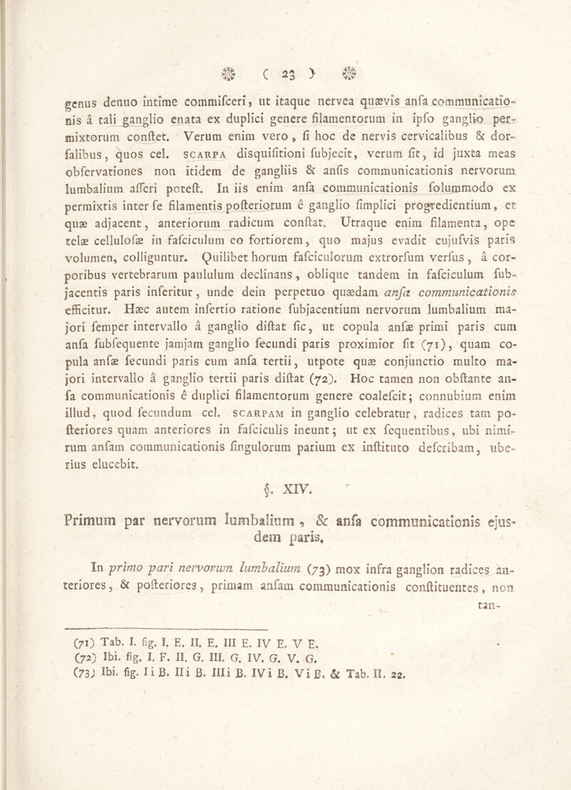 genus dentio intime commifcerij ut itaque nervea quaevis anfa communicatio- nis a tali ganglio enata ex duplici genere filamentorum in ipfo ganglio per- mixtorum condet, 7 Verum enim vero » fi hoc de nervis cervicalibus & dor- falibus ? quos cel. scarfa disquifitioni fubjecit, verum fit > id juxta meas ob fervat io nes non itidem de gangliis & anfis communicationis nervorum lumbalium a (Teri poteft. In iis enim anfa communicationis folummodo ex permixtis inter fe filamentis poderiorum e ganglio fimplici progredientium * et quae adjacent 5 anteriorum radicum condat. Utraque enim filamenta, ops telae cellulofe in fafciculum eo fortiorem, quo majus evadit cujufvis paris volumen, colliguntur, Quilibet horum fafciculorum extrorfum verfus 5 a cor» poribus vertebrarum paululum declinans, oblique tandem in fafciculum fub- ' jacentis paris inferitur, unde dein perpetuo quaedam anfa communicationis efficitur. Haec autem infertio ratione fubjacentium nervorum lumbalium ma- jori femper intervallo a ganglio didat fic5 ut copula anfae primi paris cum anfa fubfequente jamjam ganglio fecundi paris proximior fit (71), quam co- pula anfae fecundi paris cum anfa tertii 2 utpote qus conjunctio multo ma- jori intervallo a ganglio tertii paris didat (72). Hoc tamen non obftante an- fa communicationis e duplici filamentorum genere coalefcit; connubium enim illud, quod fecundum cel. scarpam. in ganglio celebratur, radices tam po- fteriores quam anteriores in fafciculis ineunt; ut ex fequentibus, ubi nimi- rum anfam communicationis Ungulorum parium ex indituro deferibam, ube- rius elucebit. §. XIV, Primum par nervorum lumbalium , & anfa communicationis ejus- dem paris* In primo pari nervorum lumbalium (73) mox infra ganglion radices an- teriores , & pofteriores, primam anfam communicationis conftituentes, non tan- (71) Tab. I. fig. I. E. II. E. III E. IV E. V E. (72) Ibi. fig. I. F. II. G. III. G. IV. G. V. G.