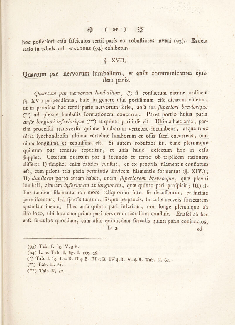 hoc pofteriori cafu fafciculos tertii paris eo robuftiores inveni (93). Eadem ratio in tabula cel, waltes&i (94) exhibetur» / §. XVII, - ( Quartum par nervorum lumbalium, et anfe communicantes ejus- dem paris. Quartum far nervorum lumbalium , (*) fi conflictum naturae ordinem (§„ XV.) perpendimus, huic in genere ufui potiffimum effe dicatum videtur, ut in proxima hac tertii paris nervorum ferie5 anfa fua fuperiori hreviorique (**) ad plexus lumbalis formationem concurrat* Parva portio hujus paris anfa longiori inferiorique (***) et quinto pari infervit. Ultima haec anfa , par- tim proceffui transverfo quinta lumborum vertebrae incumbens, atque tunc ultra fynchondrofin ultimae vertebra* lumborum et offis facri excurrens , om- nium longiffima et tenuiffima efh Si autem robuftior fit, tunc plerumque quintum par tenuius reperitur, et anfa hunc defectum hoc in cafu fupplet* Ceterum quartum par a fecundo et tertio ob triplicem rationem differt: I) fimplici enim fabrica conflat, et ex propriis filamentis conflatum cft, cum priora tria paria permixtis invicem filamentis formentur (§. XIV,); II) duplicem porro anfam habet , unam fuperiorem brevemque, quis plexui lumbali, alteram inferiorem at longiorem, quae quinto pari profpicit; III) lius tandem filamenta non more reliquorum inter fe deeuffantur, et intime permifeentur 5 fed fparfis tantum, iisque perpaucis, furculis nerveis focietatem quandam ineunt, Haec anfa quinto pari inferitur, non longe plerumque ab illo loco, ubi hoc cum primo pari nervorum facralium confluit» Enafci ab hac anfa fur cui os quosdam, cum aliis quibusdam furculis quinti paris conjunctos, Da ad- (93) Tab. I. fig. V. 3 B. (94) L. c. Tab. I. fig. I. 13J. 28. (*) Tab. I.fig. I.4.B. II4. B. III4.B. IV4,B» V.4.B. Tab. II. Sj. (**) Tab. II. 61.