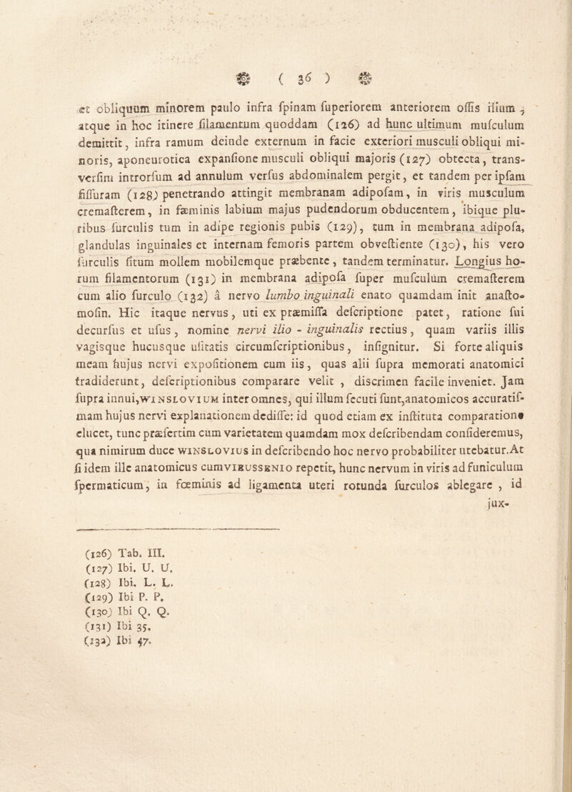 :^£ obliquum minorem paulo infra fpinani fuperiorem anteriorem offis ilium 7 atque in hoc itinere filamentum quoddam (ia6) ad hunc ultimum mufculum demittit, infra ramum deinde externum in facie exteriori musculi obliqui mi- noris, aponeurotica expanfionemusculi obliqui majoris (127) obtecta, trans» vcrfim introrfum ad annulum verfus abdominalem pergit, et tandem peripfani fifluram (128) penetrando attingit membranam adipofam, in viris musculum cremafterem, in faeminis labium majus pudendorum obducentem, ibique plu- ribus-furculis tum in adipe regionis pubis (129), tum in membrana adipofa, glandulas inguinales et internam femoris partem obveftiente (130), his vero furculis fitum mollem mobilemque praebente, tandem terminatur» Longius ho- rum filamentorum (131) in membrana adipofa fuper mufculum cremafterem cum alio furculo (132) a nervo lumbo inguinali enato quamdam init anafto® mofin. Hic itaque nervus, uti ex praemifla defcriptione patet, ratione fui decurfus et ufus , nomine nervi ilio - inguinalis rectius, quam variis illis vagisque hucusque ulitatis circumfcriptionibus, infigamur. Si forte aliquis meam hujus nervi expolitionem cum iis, quas alii fupra memorati anatomici tradiderunt, deferiptionibus comparare velit , discrimen facile inveniet. Jana fupra innui,winslov ium inter omnes, qui ilium fecutifunt,anatomicos accuratif- mam hujus nervi explanationem dediffe: id quod etiam ex inftituta comparatione elucet, tunc praefertim cum varietatem quamdam mox deferibendam confideremus, qua nimirum duce winslovius in deferibendo hoc nervo probabiliter utcbatur.At ii idem ille anatomicus cumviBussBNio repetit, hunc nervum in viris ad funiculum fpcrmaticum j ia foeminis ad ligamenta uteri rotunda fuxculos ablegare , id jux- (126) Tab. III. (127) Ibi. U. U. C128) Ibi. L. L. (129) Ibi P. P. 630) Ibi Q. Q. (131) Ibi 35. 1133) Ibi 47.