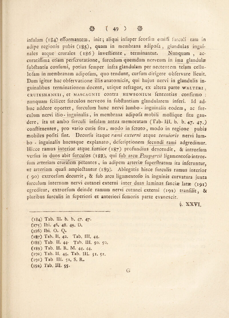 infulam (184) efformantem, init; aliqui infuper feorfiin enndi furculi tara in adipe regionis pubis (185)5 quam in membrana adipola , glandulas ingui- nales atque crurales (ig<5) inveftiente , terminantur. Nunquam , ac- euratiffima etiam perfcrutatione, furculum quemdam nerveum in ima glandulae fubftantia confutui, potius femper infra glandulam per nectentem telam cellu- lofam in membranam adipofam, quo tendunt, curfum dirigere obfervare licuit. Dum igitur hac obfcrvatione illis anatomicis, qui hujus nervi in glandulis in- guinalibus terminationem docent, utique refragor, ex altera parte walterx cruikshankii , et mascagnii contra hewsonium fciitentias confirmo ; nunquam fcilicet furculos nerveos in fubftantiam glandularem inferi. Id ad- huc addere oportet, furculum hunc nervi lumbo - inguinalis eodem, ac fur- culum nervi ilio - inguinalis, in membrana adipofa mobili mollique fitu gau- dere, ita ut ambo furculi infulam antea memoratam ( Tab* III, b. b, 47, 47,) conftituentes, pro vario cutis fitu, modo in fcroto, modo in regione pubis mobiles pofiti fint. Decurfu itaque rami externi atque tenuioris nervi lum- bo - inguinalis hucusque explanato, deferiptionem fecundi rami adgredimur. Hicce ramus interior atque fortior (187) profundius descendit, & introrfum verius in duos abit furculos (188)5 q1^ fub arcu Poiipartii ligamentofointror- fum arteriam cruralem petentes , in adipem arteriae fuperftratum ita inferuntur, ut arteriam quafi ampledantur (189)» Ablegatis hisce furculis ramus interior ( 90) extrorfum decurrit, & fub arcu ligamentofo in inguinis curvatura juxta furculum internum nervi cutanei externi inter duas laminas fasciae latae (191) egreditur, extrorfum deinde ramum nervi cutanei externi (192) tranfilit, & pluribus hirculis in fuperiori et anteriori femoris parte evanescit. i xxvi. (184) Tab, IIL b, h, 47, 47, (175) Ibi. 46« 48, 49. D. (186) Ibi. O. Q* (187) Tab. II. 42. Tab. III, 44, (188) Tab. II. 44- Tab, ili. 50, 50» (189) Tab. IL R. M. 44. 44. (190) Tab. II. 45, Tab. III. 51. $r. (191) Tab IIL 51, S, R* (192) Tab, IIL 55» G