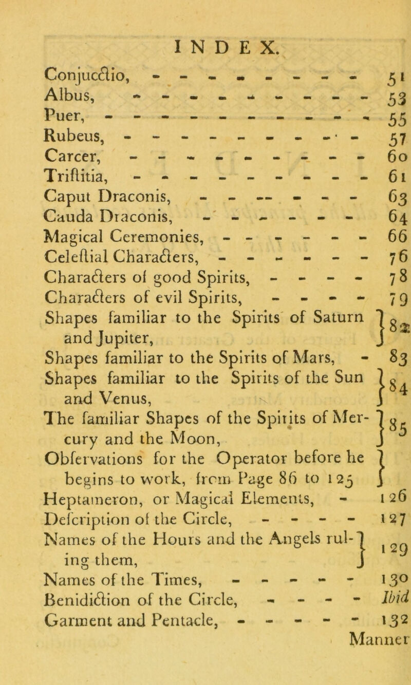 Conjucctio, - -- -- -- - 3 i Albus, - -- -- -- -- 53 Puer, - 55 Rubeus, - -- -- -- --- 37 Career, --------- 60 Triftitia, - -- -- -- -- 61 Caput Draconis, - - — - 63 Cauda Diaconis, ------ 64 Magical Ceremonies, ------ 66 Celeflial Characters, - -- -- -76 Charaders of good Spirits, - 78 Chara&ers of evil Spirits, - 7 9 Shapes familiar to the Spirits of Saturn and Jupiter, J Shapes familiar to the Spirits of Mars, - 83 Shapes familiar to the Spirits of the Sun jg and Venus, \ J The familiar Shapes of the Spirits of Mer- 1 g cury and the Moon, J Obfervations for the Operator before he j begins to work, from Page 86 to 123 j Heptameron, or Magical Elements, - 126 Description of the Circle, - - - - 127 Names of the Hours and the Angels rul-1 ^ ing them, J Names of the Times, ----- 130 Renidi&ion of the Circle, - Ibid Garment and Pentacie, ----- 132 Manner