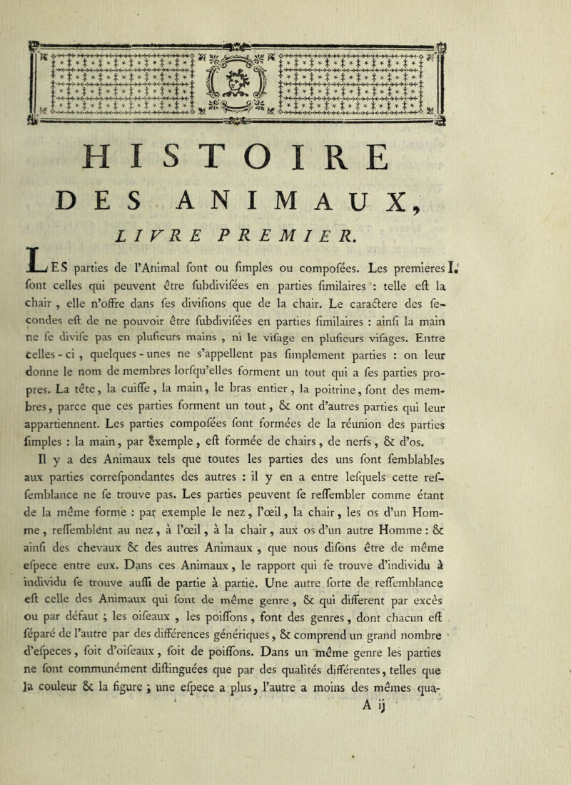DES ANIMAUX, LIVRE PREMIER. I^ES parties de l’Animal font ou fimples ou compofées. Les premières IJ font celles qui peuvent être fubdlvlfées en parties fimllalres telle eft la chair , elle n’offre dans fes dlvlfions que de la chair. Le caraêtere des fé- condés eft de ne pouvoir être fubdlvlfées en parties fimllalres : alnli la main ne fe divife pas en plufteurs mains , ni le vifage en plufieurs vifages. Entre celles - ci , quelques - unes ne s’appellent pas fimplement parties : on leur donne le nom de membres lorfqu’elles forment un tout qui a fes parties pro- pres. La tête, la cuiffe, la main, le bras entier, la poitrine, font des mem- bres , parce que ces parties forment un tout, & ont d’autres parties qui leur appartiennent. Les parties compofées font formées de la réunion des parties fimples : la main, par Exemple , eft formée de chairs, de nerfs, & d’os. Il y a des Animaux tels que toutes les parties des uns font femblables aux parties correfpondantes des autres : il y en a entre lefquels cette ref- fêmblance ne fe trouve pas. Les parties peuvent fe reflembler comme étant de la même forme : par exemple le nez, l’œil, la chair, les os d’un Hom- me , reffemblent au nez, à l’œil, à la chair, aux os d’un autre Homme : & ainft des chevaux & des autres Animaux , que nous dlfons être de même efpece entre eux. Dans ces Animaux, le rapport qui fe trouve d’individu à individu fe trouve aufll de partie à partie. Une autre forte de reffemblance eft celle des Animaux qui font de même genre , & qui different par excès ou par défaut ; les olfeaux , les poiflbns, font des genres, dont chacun eft féparé de l’autre par des différences génériques, & comprend un grand nombre ‘ d’efpeces, folt d’oifeaux, foit de poiflbns. Dans un même genre les parties ne font communément diftlnguées que par des qualités différentes, telles que la couleur & la figure ; une efpece a plus, l’autre a moins des mêmes qua- A ij