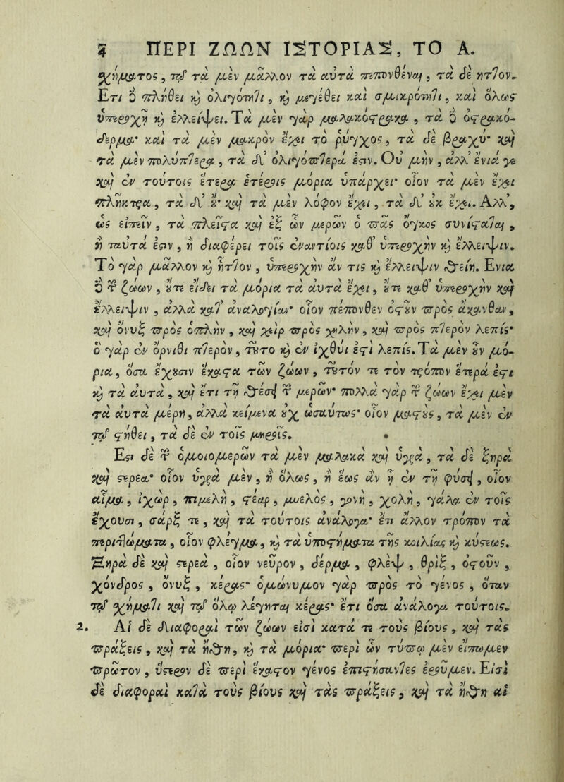 5 7r/ ra ^asv ^ctMov rct ciurct tutïdvQcvo^ , ra Je nrlov^ Er/ 0 '7rÀ)i0e/ oà/7ot>j7/5 {ja^z^îi x/ti (7^/;cp07>?7/, oXws' VTnes')^ lMei\[/e/. TtfC /^èv 7^-/) , rct o oV^>co- Udi rd /dlv jL^dpov ro /3^7X0?, roi Je KS^i Td fjX\ 'm>'k\)n%py> 5 T/t cTt’ oKrjoTj^lzpd Isjv. Ou ^awv, ct/x’ â^/cd O// Touro/ç trî^ irse^iÇ jLLopid vndpyîr o.'ov Tcid /Ctev e;^^/ ^à^mTÇd, Td ol’ X* ;cay rcd /^ev Xo(^ov s;^/, rct «A.’ Jx £;:i^*. Axx, em?v 5 rct Tzkeîçd «v //Apoù\ o 'UTdç 07x0? awiçdloüj , r rob'wrd içix , m J/(XÇ)epe/ toÎ$ ^cu/TiOiç u;7^£p^«v £Me;\|//v, To 7«^ ^«Mov hrlov , U7ne5i])^3!iv t/5 £Me/\|//v cS'S/)?. Ev/c4 O r Ç(jiU)\ , «TE e/c/fe/ Tdd fdopid rd dvrd s'^i, «te j^y UTTE^p^r^v yofjf tXXe/^/zv , dTT^d ^7’ dydXs^iom’ o/ov TreTrovOev oVî^v ^«rpo? a;(3dv0oM', ac«/ ovu^ ^po5 octXjiv , ;c“/ P&'tp '^pos y^Xrv, ;c5^ Trpos n%pov Xe7r/5* O 7^^ c//' opviüi TC/epov, r^ro o<^ Ae7r/5. 1 et ^ev «v /^0- ^/cd, OflU ïypenv ty^^Çd t«v ^w«v , rvrov te rov TÇOTrov STEpa gç-/ Tcd dVTd, ;c5V rO'ea^ r fjApoùV TTOMci 7cxp r ^«wv £;^/ ^gy 'Td dVTd /u^ipr^i d?<Kd -mfJAyd ay u<m,V7ws‘ oîov , rd /^e'v ù> TStf çî)ôsi, rd Je ou ro7ç ju^opTç» • Eçï Je r o/to/o^epwv rci ^aev jus/^^^nd y^ v^d, r/t Je ÇipZcL* OiOV V’y^d fdlv , « 0ÀC«J5 , « êC05 dv W Cf' (pu<7^ 5 OiOV r 5' ^ \ ! .' V . \ I •) n diysf^ 5 9 'fn/jAAYi 5 Ç'ec/p , jLwihoç , jpv» , ^oAr?, 7<xA5i roiç 31 ! y \ \ I > I 3/ >1 ! \ eyovai, erdpi^ n , yy rd rovrois d\d}\syt'‘ hti d>Aov rpoTntv roc 5np/TÎw^TO , oîov (pkl’y/USf^, rd VTlOÇVpysf-VX. T«5 XOiXiclç XUÇEWf^ Er^Éd Je ÇEpecd, o/ov veupov, Jép^ , Ç>Xê%f/, , ôçovv ^ yovSpos, o^u^ , xê^5“ o/4«vu/aov 7c!dp 'srpo^ ro 76V05 , orav Tn/ yÿfxÿfJi ydf tzsT oX« Xs'yrircci ks^ç* €ri ocrcc cdvJXo^ TOUro/5, . A/ Je Jl/cd(^o^i Twv e/cr/ x/trcd te tous /B/bus, jcs*/ 'urpd^Biç ^ y^ rd Vi^Vt rd pcôpid' 'U^èpi wv rvTnca yXv UTiufx^^ •zrpoùrov 5 vçiçpv Je -crep) ejj^tçov 76VOS èTnçriOV.v'leç egpu^ev. E/V] J'e J/ddÇo^cdl xpi75d TOUS p/ov5 ;cî*V Tsds 'u^pdïîuç, Tdd «r^n ai