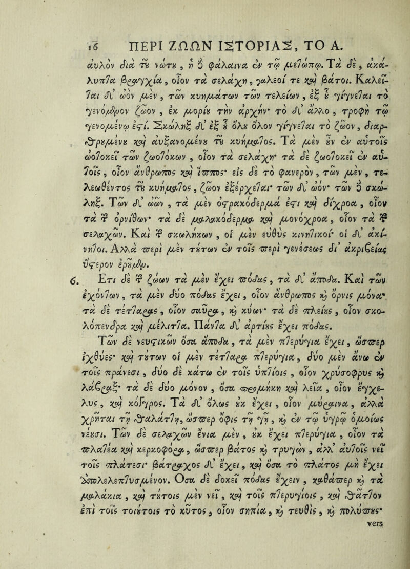 ' t t. » r ! T^'P' avXov oia Tà vcors , v 0 (^aKaixa c4> t« list de, ccaoc- Kvnlcc , oiov rù, (fzKdyri, ytXîoi rs îC5^ ^ciroi. KxXs7~ lai Jl’ û)ov /tèv , rav avri/LcarcDV rm reXe/wv, è ^i^xzlai ro 7cVo^ov çwov , ex /u,opi>i rrv apyjDV ro di a?^o , rpoÇr) rea 7gvo/t£V6!) eç't'. '^Kùùkn^ J\! e^ » oXx oXov ^i^vîlai ro ^coov, é^iap- . t^pa//.svis àvï^axojüuixÿ ry avri/^los. Ta fjXx h èv avroTs coolox-îT roox ^«o7ox«v , oiov rà (jeX^^Jî* rct Je ^U)olox.s7 êv av^ 7o??, Oiov axQpu)7n>s ;c5if ImTToç' e/5 cTe ro Çaxspox ^ rm fjXx, re- XeM0ëVTO5 TH xu>iyt(st7o5 5 ^«ov l^ipy/lai* roùx A’ «ov rav 0 <rxM- X«^. Tav tA.’ awv , rà fjÀx o^ïpaaôêzp/üiâ l<ai êiy^poa , o/ov t;c r opxi'ùm' rà cTe ^XstxocTe^^ ;c5‘f /Ctovo)^poa, o/ov rcc ¥ ceAet^av. K/t/ T ax.ùi)Xmcùx , oi /uÀx evQvç KixrfJiaoi* oî Jl’ ax/t v>i7o/. Am/x 'urepl /Ccev thtûov toÎ5 'Ujepi 7ev6crew5 tf/’ a^cpiQziom; ilçspox IpZ/u^. 6, Er/ Je r ra /aev e^^e/ 'urÔJkç, r<x Jl’ aTtücDx,. K/x/ rZv eyôxlax ^ rà /mÀx Juo niôtfas £y}i ^ oîox àxôpoùTnts opxtç fjuoxa* rà Je rkrlap^ç, o/ov aavp^, x} xuwv* rà Je -TrXe/W, oîox txo- XoVevJpa ;(9t; jœÎKirla. nJv7<x Jl’ àpriaç syjct Ttôdkç, Twv Je VêUÇ'/XûJV oW CXTTDoAjt , TiX yaev nlipv^ia £y£l i àxT'ÜTip î')(Qms' riirccx oî ^aev rkrla^ Ttil^pv^ia, Juo ^èv <xv« o// ro/5 TtpàxèŒi J Jüo Je xJro» to/5 vnlioiç , o/ov ’)(^pva'o(ppvç xJ T<x Je Juo /ccovov , ojtc Xe?(X , o/ov Xv5 5 ;(oi) aôP^poç. T/x Jl’ oX«5 Jx 9 o/ov /xvpcjiixa^ ct/Xcc y^pT^rai ryj r^aXàrl^, cù7'U!ip o<piç rx 7«, t« i57p« o/momç vexer/. T<i)V Je creAe^x®’^ 7t']spv<^ia , oîox rà 'BXalîa Jcspxoepo^, àij'CJBp ^àroç rpv^àx , «xM àvlols xsi ro7ç Trkàriar ^àrp^yoç dl’ e^e/, ^5^/ ôW ro 7à\.àroç fJià sy(£t ‘^^XzXziTIv^/xixox. Offtt Je Joxe? TtoJkç £y£ix , jj^t^/x-crep rà (j^xàaia 5 ;c9tj rxro/5 /Ctèv ve?, ;(£<) ro/5 7r7epv7/o/5 , ;(5tf ^àrlox In] ro?5 ro/xro/5 ro xvro5a o/ov 7r\n'ta,, revôis, 7n)Xu'5rx5* vers