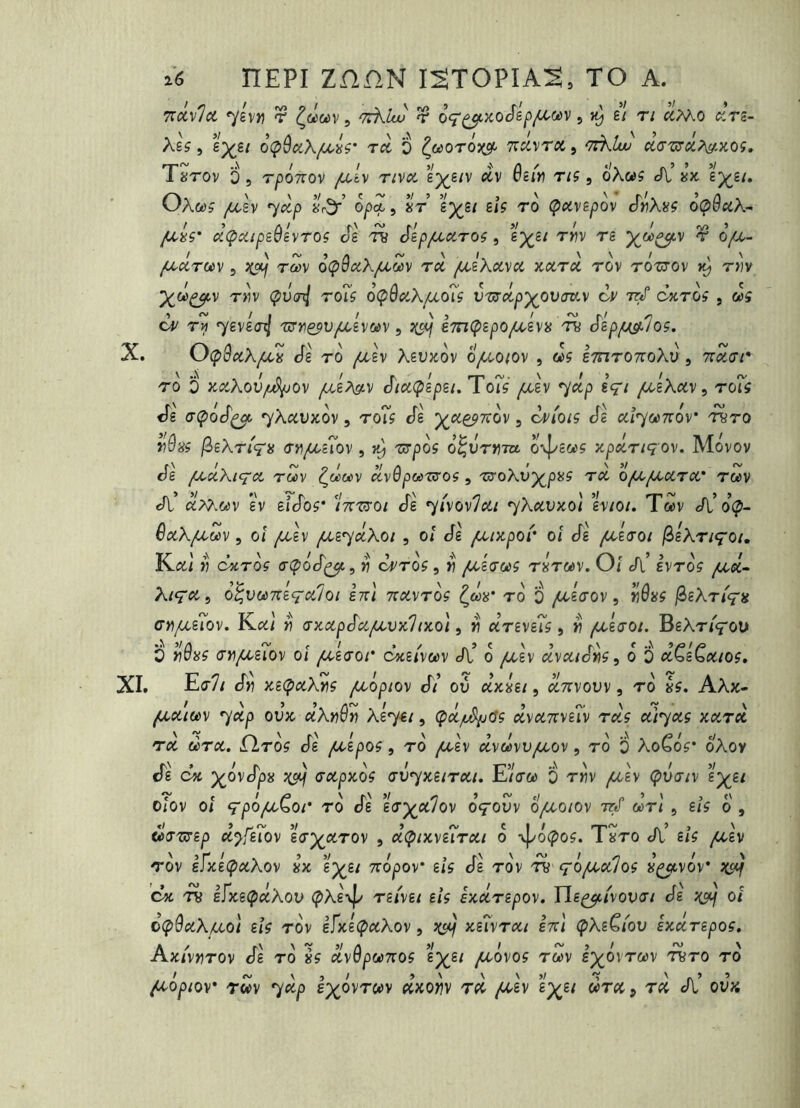 T^ccvla. 7£v>î r ^ûoùv, và^lw ^ oq'^xoéép/A.c^iv, ê/ t/ (J^ts- As? 5 £;)^g/ oi^^i^A/a^?* Tft 6 ^ùùorôxsf' navra, aci‘'UTix,?\^.xoi, T«rov 6 5 rpônov fJiv riva e^e/v ctv 0£i« ns, oA«5 dl’ «x tyzi. Oa«? ^£v 75C/) 8r5-’ o/)(f 5 «V’ £)^£/ £1? TO (pavBpov o(pdaX- /1 A / fV ~ a/ >/ t / ri^ ’ ya}<$* açaipîüsvroç às t« àsp/uaroç, £p^£/ rwv t£ Xoh^v r o/x- /aarcùv, ^ rm o(puaA/Lcoùv ra fazXava aara rov rorrov rm yàp^v rm ç>vcnl ro7s oçBaXjaoTç vnjapyovav.v êi> tt/ d%roç , «î r« ^zvia^ rTYjç^vf^ivùiv ^ ;(«</ kTiKpzpopmivy Tà Szp/uiÿTjoç. X. OcpQaXjuZ êï TO /CtEv Aêujcov o/aoiov , w? It^tottoAu , TO D y.^iAou/>t^ov juÀMv SiacpÉpsi. To7ç ^£v 7tfC/) içi fjJiXav ^ ro7i <f£ t^ocT^ 7Ac!tuxov 5 Toîç cfg p^ctgpTrov 5 oi^ioiç cfg aî^yonnôv' 'ivro r9yç l^eXriq'y (Tyi/à.cTov , rirpos o^vrrm o*vpa«ç apâriqov. Movov cfg fjuàxiqa Twv clvSpoùnroç, rjoKvy^^pyç ra ofa/aara' t«v dl’ aA^.oîv £v bicToç* Inryoi cTg •yivoviai ^Xavaol eviot, Twv dl’o’^- ^(?iA/^wv 5 0/ ^£v fMz^àXoi 5 Oi cTe ju.ix.por oî cTg pair01 ^éXriçoi, Kal V dxros o-cpodj^, « c^to? , v /À.é(TCùÇ rÿro6V. Oi dl’ Ivto? pca- Xiça ^ o^vuiniçaloi snl navras to 0 pazaov ^ v)ôys ^eXrtcj^H cn/as7ov. Kcd/ ri (jxap^apLvxlixo\, « anviis, « fjikroi. BgATiVou 0 riSyç (7npÀ.s7ov oî paîcror cAg/vwv dl’ 0 ju.lv dvaiém, 0 0 aQl^aios, XL Et?/ cTm xB(paXrs paopiov cT/ ou dxUi, anvovv, to «?. AAx- paaitùv 'jàp ovx ccXrôr Xey^ei, (pà/u^Os dvanvs7v rds ai^aç xard ra (ira. £lroç Je fjÀpos, to pnÀv dvâvvjuuov, to 0 Ao^o?* oAoy él ca ^ôvSpy rapxos rv'jxeirai. E’/cr« 6 tmv ju.lv Çvriv ey^si olov oî çpôjU-Qor TO cfg iryalov ôçovv o/aotov ttS corl , ets 0 , ci(Tn7Bp d^fe7ov t(T-)^arov , d<pixvB7rai 0 \po(?oç. T«to dl’ îU /x.lv Tov lïxi^aXov yx î’)jjci nôpov zïs cfg tov t« qopaoüos J^vov da TV Bfxî(pdXov (pA£\^ nivèi eU exdrîpov. Tlsp^ivovai él oî o<p9aX/uo\ zîs rov e7xi(paXov, ;cs</ xzivrat enl ÇXbCi'ov exarepos, Axi'vrirov cTg to ys avQpoùnoç £^s/ ju.ôvoç rcùv é^ovTwv tvto to paôpiov' rwv ydp è^ovrc^v dxoriv rd ju^lv ï'p^Bi dra^ rd dl’ ou«