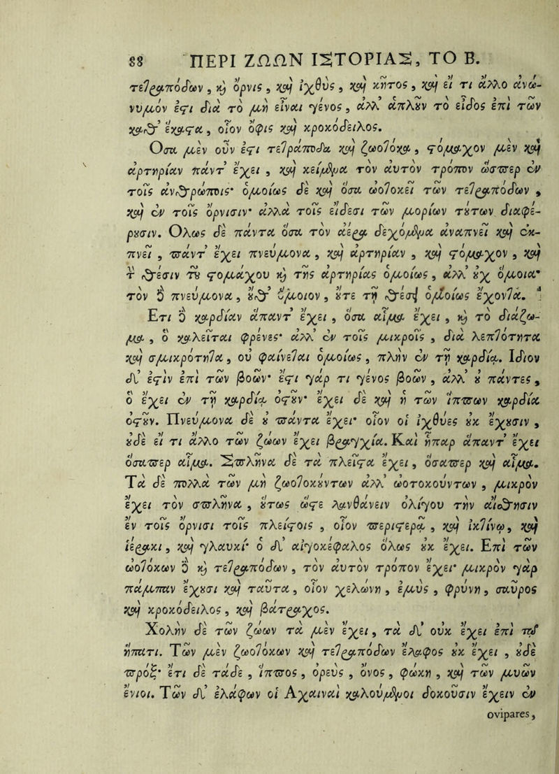 5 opv/ç 5 JC9^ 5 ^ ît«ro$ Il ri ol^Ko ccvüi- vv/uôv £ÇI é'iù TO ervcît/ 76vo$5 «TrÂÿv ro eiJbç èni rwv syj'Çcc, oiov o(p/ç xpoxoJs/Xo?, OjTt /^£V ovv iqi r£lpci7n)J)x, yç^ ^oùolôyc^, ^ dprYtpiuv nxvT î.y£i , ;cs^ xh/u^cc tov ttt^rov rpoTDv dxj'urzp ov roii clvi^pdTWiÇ' o/À^oi'ùùÇ de ysdj oju doloxei rm relp^nidonv » y^ iv Toîç opvKTiv* cl?7^cc ro7ç eide^i t«v /^opiwv rircuv dioL(pé^ pisaiv, OXùùÇ cTs ndvrx oW tov cr£])^o^<3t ^vaTrvs; ysij dv.- 'K'iU , WvT TTVgU^OVtft , ^(51/ dpTYiplCiV , ;C5l/ ÇO^^^OV j ^ T f^au/v ^ qofX'dyjiX) rrs dprnpiccç o/^Oiw?, «cm’ x’x O/ao/ct* \ A / s! ‘ >' ~ e»_ ' I ' f /7-4 TOV 0 TTVaU^OVfSt , »fO’ C^O/OV 9 «T6 T»f rJgO^ O/ZOlOùÇ £’)(0\loC, j T’ -N rs/ c/ > V t/ ~ V \ ' P ^ !7 t.ri O y^pàiM d'KCCMr eyei, oja £;)^e/, )y to dictQa- ^ 9 0 jj^tXaiTtft/ ÇpîviÇ' d/^ dv toÎ$ /Lctxpoîç 9 Jict XenlorriTCC y^ a/xiKporvda, ou (paiyelai o^o/«ç, 7rX>îv t^ j(9tp£r/^. IJiov Jl’ £Çiv £7ri T«v /3owv £V^ t; 7evo? ^owv 9 «M* x 7r«<VT£$, O £^a/ dv T^ yo/Lpdict oV«v* cTa :(9c/ >5 twv /Trts'wv X5''pcr<^t oVxv. ITveux^ovtfC cfa x 'ortftvTcst ex^r oiov 0/ îyQveç 8x e^^xd/v , xVa a/ T/ dMo TùDV (^««v ep^a/ /3^7X*‘^* W7r(?6p dnccvr a^a^ doTL'tffep ccîp/^. '^vrXmcc Ja tc^ TcXeîçx eyei 9 ocroc'uyep yofjf oclfj(ÿ,, Ttf^ cfa lïoTxd T«v yaji (^«o7oxxvt«v wotoxou^twv 9 /txixpov £^£/ tov (T'CirXÎiv^t 9 XT«ç Xÿi.\^d\ei\ oXi'^ov rm ditâ’tKJ'iv ev rois opviai ro7s nXeiçois 9 oiov rrepicpepcL , y^ lxli\w^ ystj ïe^xi 9 yoi!\ •yXixvKi' 0 Jl’ ccî^oxé(pccXos oXods x’x ex^/. Ett] twv uoJoxoùv 0 re/^TtodoDv, tov ^tUTOv T^OTTOv ep^ar /xixpov ^xp 'KdfJO’m\ eyyai ygîj rxvrx 9 o<ov p^aÀav« 9 If/^vs 9 (f^uv/î 9 avZpos yotj xpoxôdeiXos, y^ ^xrp^')(OÇ» XoÀMv cTe T«v (^««v Tcc x^av e^a/, t^ A* oux ap^e/ eTri 7^ '^rxri, Twv fjX\ dj^olôxm ysij rel^nodonv e?\ff.q)os x’x e^a/ 9 xVe nrpoB’ en cTè rxde 9 /tt-cto? 9 o’pauf , ovoç 9 çdxYi , yaij rm /oovm eviot, Tm Jl’ lXx(pm oî K'XJ^i^x] y^Xov/u^oi J'opcoüo'/v ex^/v ovipares,