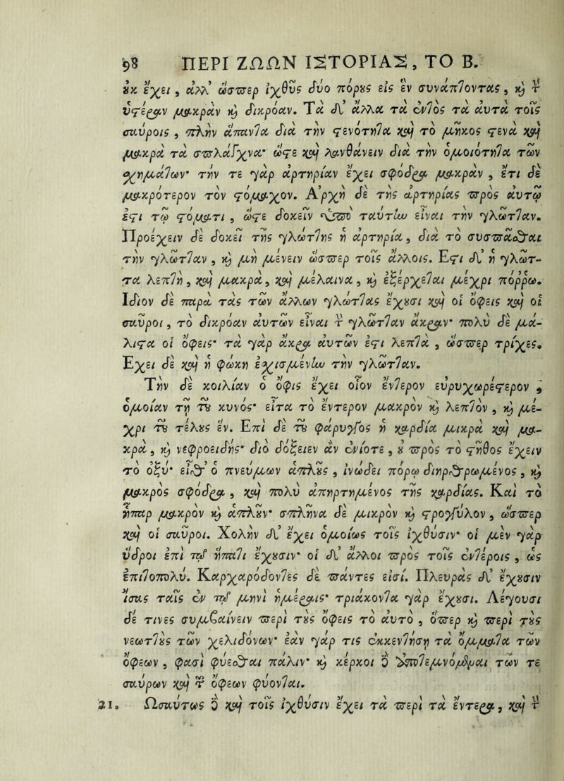 21 Ùk £yzt, ccM ôùŒ'^sû îyôvs Svo Tiôpaç eU ev <TVvâ,n1ovr£iÇ, vù r vçz^v jüfÿ^Kpccv dDtpoav, icc Jl ccTT^u. tcc u/Joi ra avroi roi? cvLvpoiç, -TT^wv cinavla SiÀ t«v qz\ôry{lct to qzvâ )is^ /Aÿ'Xpoi roL <r'srK(X,Pxy<x>‘ ô>çs A^v0ctvg/v cT/êt tmv o^oiorvOci rwv ^if)fX(klm' rm re dprvpiccv £^£/ (T(poS^ ^apdv , sr/ Js /jisf'Xpôrzpov Tov ç'o^p(^ov. A^pX^ ctprrpiaç 'sxpoç elvrea iqt rZ qô/uÿ.rt , wçe croxg?v tccvtIw zlvai rm ^xZrlciv» ÏTpoa^s/v cfg cToxs/ TH? •^kZr'Inç h clprYipi'cc, to (jvcr'urdc^cii. THV *yXZr7cCV , ^H fJik\ZlV Zd'U^ip TO?? DLXKOIS, Eç/ cA.’ H 7Xû)T- Ttfi XlTzl^ ^ )(Cfj /J^ecxpx, /CciXdiVX, k} Z^'zpX^'^^t M'^XP^ Ttoppùù, IcAov cTg Tittpoi râs rZv o[>Xoiv '^Xayr'Jxç jcsV <5' o?’s/? o« cuvpot , TO J/;C/)OfliV «HTWV giVili/ T ^XoùtIcCV CCX^V TTOXÙ Jg /CCtft- X/ç'iPt o< o(pg/?* Toi 7«^ «vTwv Iqi KziPld , wVmp Tp<p^g?, Ex g/ cfg ;c^' H (pZzn fJiivluu THV ^\(jùrlot\, ThV cTg XOlXldX O 0(pi9 £)^g/ OiOV £\lzpOV ZVpVXf^pîq'^pOV f o/^oidv T^ T« jcuvo?* gÎTf>t TO hrzpov p/.ddpov >9 X£7r7ov , ^g- ^p/ T« TgXir? gv. Ett/ jg TK (pdpv^os H x^pSid fdtxpd ^ xpd 5 Vg(PpOg/crH?* cT/O cTo^g/gV «V C^/OTg , J 'TO’pO? TO Ç'hOo? £;)^g/V TO o’^u* gir^*© 7rvg?/4«v ccTT^?? , ivwJg^ nopcfi (Pirp(^pa)/dzvoç, (tÂsf^dpos (i(pôS^, ;cctf ttbàÙ d7i:rprYf/ü(^î\oç rris j^pcT/ct?, Kcti to VTocp fj^dpov d^TrkZv* (T'Trkmd Js /LciKpov ç'pop/uÀov, «Wgp ;(5i/ 0/ auvpoi, Xoàhv <A’ o/à.oi'u>ç rois xp^Ouo'/v o/ /^gv 7^^ ujpo/ £7r/ 7^ H77w7/ £^8(T/V* Ot A’ dXXOl 'Crpo? TO?? dvlipois J «? l'Kilo'ïïoXv. Y^dpx<x-pôSo\Tzç Je Wvte? zîfft. riXaupct? Jl’ /cm? Ttft?? W ^HVi H/x-g^/?* rpidxovld ^dp £%£(r/. Az^ovai Je T/vg? ffV/x^Cdivsiv 'üiTzpi tx? o(pg/? to «üto 5 ottTgp mpi 7-8? vzoùrl^s Twv )/gX/Jov«v Itfcv 7i)tp t/? cxxzvlrxJi^ roi o/djutÿfJd twv Of^gwv 5 ^i^goS'cc/ 'KdXiv iÇf xspxoi 0 'Ùu}li/d.\ôiu^di rZv rs <m.vpm nç/ij T otpgwv Çvov/di. XlcTKVTWf 0 ;i5</ TO?? /;)^0J<7/v £;)(;g/ t<?c t^gpl Tci hrî^, r
