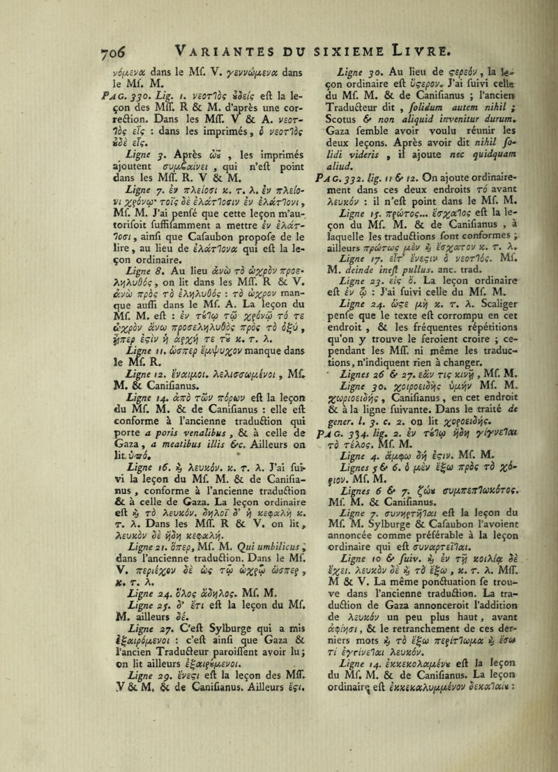 vé(Jt,iV6i dans le Mf. V. dans le Mf. M. Pag. 330. Lig. 1. veorloç iSsîç eft la le- çon des MIT. R & M. d’après une cor- reèlion. Dans les MIT. V & A. vsor- loç eîç : dans les imprimés, é vsoTlèç idè eîç. Ligne 3. Après w» , les imprimés ajoutent crufACxivei , qui n’eft point dans les MIT. R. V & M. Ligne 7. 59 TrXsîoiri K. r. A. 59 VI toTç èXecrloffiv h èXeUrlovi, Mf. M. J’ai penfé que cette leçon m’au- torifoit fufElamment a mettre sv èxdr- loffi, ainfi que Cafaubon propofe de le lire, au lieu de IXKT'lovex, qui eft la le- çon ordinaire. Ligne 8. Au lieu àvca rè ùxpo'J Tpos- ?^yiXvôéç, on lit dans les MIT. R & V. âvù Trpoç TO sXvjKvôôç : ro ùxpov man- que aufli dans le Mf. A. La leçon du Mf. M. eft : ev rilcp rw x?°^V d'xpov avoo TT^OffEXijXvôoç Trpàç ro ô^ù , ^TTSp èçiv yj x^x^ Ligne //. üanep epotpvxov manque dans le Mf. R. Ligne 12. 5Vxiyt,Qi. XsXtffffupi.svot, Mf» M. & Caniftanus. Ligne 14. xTrà ruu irôpwv eft la leçon du Mf. M. & de Canifianus : elle eft conforme à l’ancienne traduftion qui porte a poris venalibus , à celle de Gaza, a meatibus illis &c. Ailleurs on lit. ùrsô. Ligne 16. ^ Xsvyjv. a. r. A. J’ai fui- vi la leçon du Mf. M. & de Canifia- nus , conforme à l’ancienne traduftion & à celle de Gaza. La leçon ordinaire eft ^ TÔ Xevzôv. Si^XoT 5’ yj zs<fxXyi u. T. A. Dans les MIT. R & V. on lit, XSVKOV Bè ijdvj KEfpxXVj. Ligne 21. OTTSp, Mf. M. Qui umbilicus I dans l’ancienne traduélion. Dans le Mf. V. TTspiéxsv èè ùç Tcp èxs^ corTreç, K. r. A. Ligne 24. oKoç x^VjXoç.. Mf. M. Ligne 23. h’ 5Ti eft la leçon du Mf, M. ailleurs Sê. Ligne 27. C’eft Sylburge qui a mis è^xtpoftsvoi : c’eft ainfi que Gaza & l’ancien Traduéleur paroiflent avoir lu; on lit ailleurs è^xifipcsvoi. Ligne 23, sveçt eft la leçon des MIT. y ôc M, ^ de Canifianus. Ailleurs ïçi. Ligne 30. Au lieu de çEpsôv, la Ig.» çon ordinaire eft vçspov. J’ai fuivi celle du Mf. M. & de Canifianus ; l’ancien Tradufteur dit , foliium autem nihil ; Scotus & non aliquid invenitur durum» Gaza femble avoir voulu réunir les deux leçons. Après avoir dit nihil fo^ lidi videris , il ajoute nec quidquam aliud. P A G. 332. lig. it & 12. On ajoute ordinaire- ment dans ces deux endroits râ avant Xsvxév : il n’eft point dans le Mf. M. Ligne i/. Zfûroç... e<r;i;a'7(5ç eft la le- çon du Mf. M. & de Canifianus , à laquelle les traduélions font conformes ; ailleurs Trpârcaç f/,èu ^ srxxrov K. r. X. Ligne ij. sJr' ëvEçiV 0 vsor'léç. Mf. M. deinde inejl pullus, anc. trad. Ligne 23. elç 0. La leçon ordinaire eft £1/ ^ : J’ai fuivi celle du Mf. M. Ligne 24. diçs piyj z. r. A. Scaliger penfe que le texte eft corrompu en cet endroit , & les fréquentes répétitions qu’on y trouve le feroient croire ; ce- pendant les MIT. ni meme les traduc- tions, n’indiquent rien à changer. ■ Lignes 26 & 27. sciv riç ziv^ , Mf. M. Ligne 30^ ;^i5i/;o£/^'4ç ùpcyjv Mf. M. Xwpiosi^yjç, Canifianus, en cet endroit & à la ligne fuivante. Dans le traité de gener, l, 3. c, 2. ou lit ;);efO£i^îjc. P A G. 3^4. lig. 2. 5V rklcp yjSij yiyvs7Xi TO réXoç, Mf. M. Ligne 4. âptfu ètq èçiv. Mf. M. Lignes 36e 6. 0 poèv zpoç rô xô- fiov. Mf. M. Lignes 6 & f. ffVpCTTèTrlCOZÔTOÇ. Mf. M. & Canifianus. Ligne 7. nvyvjÇTvi'Ixi eft la leçon du Mf. M. Sylburge & Cafaubon l’avoient annoncée comme préférable à la leçon ordinaire qui eft ffuvapTEÏIxi. Ligne 10 & fuiv. 19 5V r^ zoiXtqt êè ëxsi. Xevzov êè % rà e^co , z. r. A. MC M & V. La même ponftuation fe trou- ve dans l’ancienne traduélion. La tra- duélion de Gaza annonceroit l’addition de Xzvzôv un peu plus haut, avant x(pîy]tTi, & le retranchement de ces der- niers mots ^ TO è'^ct) TreftTluptx % è'trùt ri èyrivElxi Xevzôv. Ligne 14. èzzezoXxpcévK eft la leçon du Mf. M. & de Canifianus. La leçon ordinaire eft èzzszxXvptptévov hzxlxi* ;