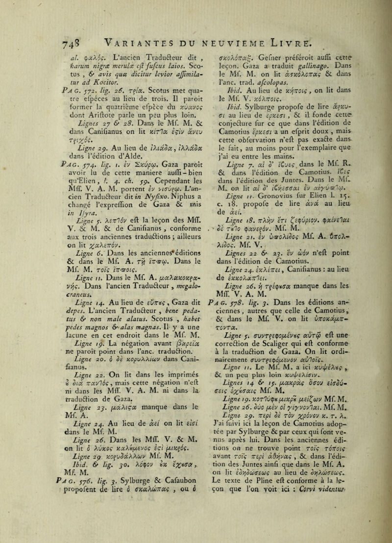al. (f/ücXôç. L’ancien Tiadufteur dit , 'harum nigræ merulœ. cjî fufcus laïos, Sco* tus , 6^ avis quai dicitur levior ajjîmila- tur ad Kocitor. P A G, J72, lig. 2S. T^îtx. Scotus met qua- tre efpéces au lieu de trois. Il paroit former la quatrième efpèce du y.ùccvoç dont Ariftote parle un peu plus loin. Lignes 27 6* 28. Dans le Mf. M. & dans Caniûanus on lit üitIx èçiV oiViu Ligne 2p. Au lieu de , iKXdlx dans l’édition d’Alde. Pag. j-74. Ug. 1. h 'S.y.vpco, Gaza paroît avoir lu de cette maniéré auffi-bien qidElien, /. 4. ch. 7p. Cependant les MIT. V. A. M. portent èv i^ierù^a. L’an- cien Traduéleur dit t/z Niphus a changé l’expreffion de Gaza & rnis in Ijyra. Ligne 7. XsTclôv eft la leçon des MIT. V. & M. & de Canifianus , conforme aux trois anciennes traduélions ; ailleurs on lit x^XeTToy. Ligne 6. Dans les anciennes*éditions & dans le Mf. A. rjj /Ww. Dans le Mf. M. TOÏc 'iTTnsroig. Ligne II. Dans le Mf. A. fzccXsiscoK^x- viqç. Dans l’ancien Traduéleur , rnegalo- craneus. Ligne 14. Au lieu de evTTisç , Gaza dit depes. L’ancien Tradufteur , bene peda- tus & non male alatus. Scotus , habet pedes magnos &-alas magnas. Il y a une lacune en cet endroit dans le Mf. M. Ligne ip. La négation avant fSccpsLx ne paroît point dans l’anc. traduélion. Ligne 20. ô ëè KOpuXXtwy dans Cani- fianus. Ligne 22. On lit dans les imprim.és « hcc TTCCVlÔç, mais cette négation n’eft ni dans les Mff. V. A. M. ni dans la traduélion de Gaza. Ligne 2g. (JcdcXtçoc manque dans le Mf. A. Ligne 24. Au lieu de àsl on lit dai dans le Mf. M. Ligne 26. Dans les MIT. V. & M. on lit à Xùxeç nxXipcsvcç sgî piiK^éç. Ligne 2p uc^xjëdXXuv Ml. M. Ibid. & lig. 30. x6(fov in Mf. M. Pa g. jt^. lig. 3. Sylburge & Cafaubon propofent de lire ô cmXwTTocç , ou ô ff'xoXônX^. Gefner préféroit aufïi cette leçon. Gaza a traduit gallinago. Dans le Mf. M. on lit àricôXoTnxç & dans Tanc. trad. afcolopas. Ibid. Au lieu de yv[~oiç, on lit dans le Mf. V. yJXTïoiç. Ibid. Sylburge propofe de lire cc^'/.v- (jI au lieu de spystri , & il fonde cette conjecture fur ce que dans l’édition de Camotius epicetr.i a un efprit doux , mais cette obfervation n’eft pas exaCle dans, le fait, au moins pour l’exemplaire que j’ai eu entre les mains. Ligne 7. ai ê’ i'êutç.dans le Mf. R.. & dans l’édition de Camotius. ICéç dans l’édition des Juntes. Dans le Mf. M. on lit al h iCyiSTtrai iv aiyvaslco. Ligne II. Gronovius fur Elien 1. 15. c. 18. propofe de lire avec au lieu de àsi. Ligne 18. nXvpJ tri ^s(p'jpioy. tpxtvelai . ‘ t»7o (favs^ôv. Mf M.. Ligne 21. èv ùnsûXiëoç Mf. A. tiTteX- Xiëoç. Mf V. Lignes 22 6* 23. 'èy doôv n’eft point dans l’édition de Camotius. Ligne 24. suXeTTSt, Canifianus : au lieu de èicsco/.àTr'lei. Ligne 26. 4 manque dans les MIT. V. A. M. P A G. 3p8. lig. 3. Dans les éditions an- ciennes, autres que celle de Camotius, & dans le Mf. V. on lit V7t0)id(jt.7r~ revra. Ligne 7. trwTfetpopiéwç avreg eft une correction de Scaliger qui eft conforme à la traduction de Gaza. On lit ordi- nairement (svvTqci^ôpLZVûv aù'loïç. Ligne II. Le Mf M. a ici xuipéXisç , & un peu plus loin tiuipeXiistv. Lignes 14 & /7. pcanpaç baou eltrèù- treiç àx^t^ociç Mf. M. Ligne ip. zoTlinpnpctyplé pesî^av Mf M. Ligne 26. ëùo ptèv 01 yixvovlai. Mf M. Ligne 2p. Trept ëè rov z. r. X. J’ai fuivi ici la leçon de Camotius adop- tée par Sylburge & par ceux qui font ve- nus. après lui. Dans les anciennes édi- tions on ne trouve point roTç TÔtoiç avant toTç Tnpi àd^vag , & dans l’édi- tion des Juntes ainfi que dans le Mf A. on lit èh/jëcbireag au lieu de hvjXcbcrsccg, Le texte de Pline eft conforme à la le- çon que l’on voit ici ; Corvi videntur