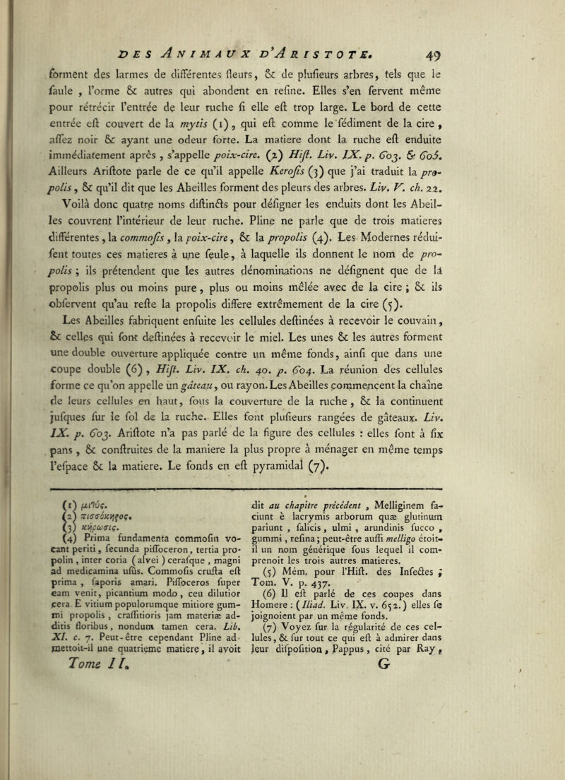 forment des larmes de différentes fleurs, 6c de plufleurs arbres, tels que le faule , l’orme 6c autres qui abondent en refîne. Elles s’en fervent même pour rétrécir l’entrée de leur ruche fl elle efl: trop large. Le bord de cette entrée efl couvert de la mytis (1), qui efl; comme le fédiment de la cire, aflez noir Sc ayant une odeur forte. La matière dont la ruche efl: enduite immédiatement après , s’appelle poix-cire. (7.) Hijl. Liv. IX. p. Coj. & 6o5. Ailleurs Ariftote parle de ce qu’il appelle Kerojis (3) que j’ai traduit la pro- polis , êc qu’il dit que les Abeilles forment des pleurs des arbres. Liv. V. ch. 22. Voilà donc quatre noms diftinéls pour défigner les enduits dont les Abeil- les couvrent l’intérieur de leur ruche. Pline ne parle que de trois matières différentes , la commojis, la poix-cire, 6c la propolis (4). Les Modernes rédui- fent toutes ces matières à une feule, à laquelle ils donnent le nom de pro- polis ; ils prétendent que les autres dénominations ne défignent que de 11 propolis plus ou moins pure, plus ou moins mêlée avec de la cire ; 6c ils ©bfervent qu’au refte la propolis différé extrêmement de la cire (5). Les Abeilles fabriquent enfuite les cellules deftinées à recevoir le couvain, 2c celles qui font deftinées à recevoir le miel. Les unes 6c les autres forment une double ouverture appliquée contre un même fonds, ainft que dans une coupe double (6) , Hijt. Liv. IX. ch. 40. p. 604. La réunion des cellules forme ce qu’on appelle un gâteau 9 ou rayon. Les Abeilles commencent la chaîne de leurs cellules en haut, fous la couverture de la ruche, & la continuent jufques fur le fol de la ruche. Elles font plufleurs rangées de gâteaux. Liv. IX. p. 6~oj. Ariftote n’a pas parlé de la figure des cellules : elles font à fix pans , 6c conftruites de la maniéré la plus propre à ménager en même temps l’efpace 6c la matière. Le fonds en efl; pyramidal (7]). (1) pilvç. iiS zta<rôxviçoç. (3; xÿjfUGtç. (4) Prima fundamenta commofm vo- cant periti, fecunda piflbceron, tertia pro- polin , inter coria (alvei ) cerafque , magni ad medicamina ufûs. Commofis crufla efl prima , faporis amari. PifToceros fuper eam venit, picantium modo, ceu dilutior cera E vitium populorumque mitiore gum- mi propolis , craffltioris jam materiæ ad- ditis floribus, nondum tamen cera. Lib. XI. c. 7. Peut-être cependant Pline ad mettoit-il une quatrième matière, il avoit Tome //, dit au chapitre précédent , Melliginem fa- ciunt è lacrymis arborum quæ glutinum pariunt , falicis, ulmi , arundinis fucco , gummi, refîna ; peut-être auffl melligo étoit- il un nom générique fous lequel il com- prenoit les trois autres matières. (s) Mém. pour l’Hifl. des Infeéles i Tom. V. p. 437. (6) 11 efl parlé de ces coupes dans Homere : (Iliad. Liv. IX. v. 652.) elles fe joignoient par un même fonds. (7) Voyez fur la régularité de ces cel- lules, & fur tout ce qui efl à admirer dans leur difpofltion , Pappus , cité par Ray f G