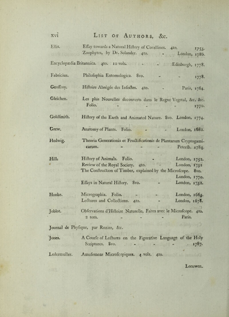 / Ellis. Eftay towards a Natural Hiftory of Corallines. 4to. '75b- Zoophytes, by Dr, Solander. 4to. - London, 1786. Encyclopaedia Britannica. 4 to. 10 vols. \ Philofophia Entomologica. 8vo. Hiftoire Abregee des Infectes. 4to. Fabricius. GeofFroy. Gleichen. Edinburgh, 1778. 1778. Paris, 1764. Les plus Nouvelles decouverts dans le Regne Vegetal, &c. See. Folio. - 1770. Goldfmith. Hiftory of the Earth and Animated Nature.- 8vo. London, 1774. Grew. Anatomy of Plants. Folio. London, 1682. Hedwig. Hill-. Hooke. Joblot. Theoria Generationis et Fruclificationis de Plantarum Cryptogam i- carum. - - Peterib. 1784. Hiftory of Animals. Folio. - London, 1752. Review of the Royal Society. 4to. - London, 1751 The Conftrudtion of Timber, explained by the Microfcope. 8vo. London, 1770. Eftays in Natural Hiftory. 8vo. - London, 1752. Micrographia. Folio. - - London, 1665. Lectures and Collections. 4to. - London, 1678. Obfervations d’Hiftoire Naturelle, Faites avec le Microfcope. 4to. 2 tom. - - Paris. Journal de Phyfique, par Rozier, See. Jones. A Courfe of Lectures on the Figurative Language of the Holy Scriptures. 8vo. - 1787, Ledermuller. Amufemens Microfcopiques. 4 vols. 4to. Leeuvven.