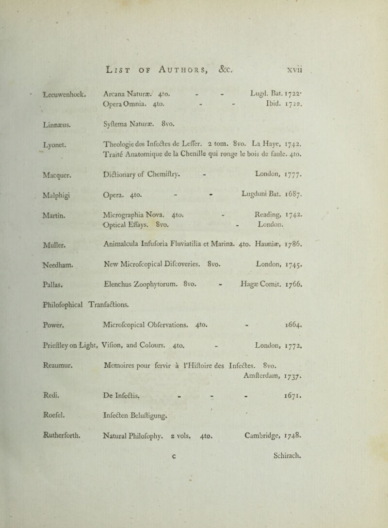 Leeuwenhoek. Arcana Naturae. 4to. - - Lugd. Bat. 1722* Opera Omnia. 4to. - - Ibid. 1722. Linnaeus. Syftema Naturae. 8vo. Lyonet. Theologiedes Infe£les de LeiTer. 2 tom. 8vo. La Haye, 1742. Traite Anatomique de la Chenille qui ronge le bois de faule. 4to. Macquer. Diflionary of Chemiftry, - London, 1777. Malphigi Opera. 4to. - - Lugduni Bat. 1687. Martin. Micrographia Nova. 4to. - Reading, 1742. Optical Eflays. 8vo. - London. Muller. Animalcula Infuforia Fluviatilia et Marina. 4to. Hauniae, 1786. Needham. New Microfcopical Difcoveries. 8vo. London, 1745. Pallas. Elenchus Zoophytorum. Bvo. - HagaeComit. 1766. Philofophical Tranfa&ions. Power. Microfcopical Obfervations. 4to* - 1664. Prieftley on Light, Vifion, and Colours. 4(0. - London, 1772. Reaumur. Memoires pour fervir a l’Hiftoire des Infe£tes. 8vo. Amfterdam, 1737. Redi. De Infedlis. - - - 1671. Roefel. f Infe&en Beluxligung. Rutherforth. Natural Philofophy. 2 vols. 4to, Cambridge, 1748. c Schirach.