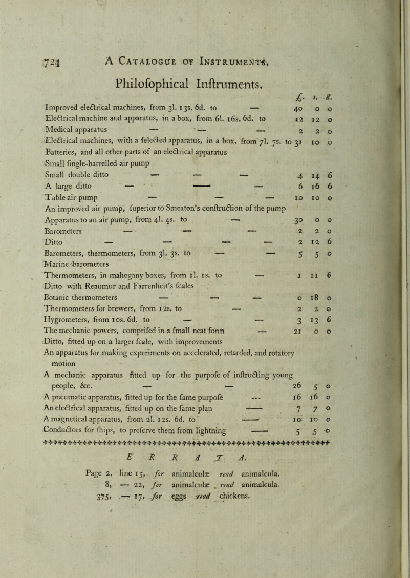 Philofophical Inftruments. 724 Improved eledlrical machines, from 3I. 13s. 6d. to — Eledtrical machine ar.d apparatus, in a box, from 61. 16s. 6d. to Medical apparatus — •— — Eledtrical machines, with a feledfed apparatus, in a box, fromyl. 7s. to 31 10 Batteries, and all other parts of an electrical apparatus Small fingle-barrelled air pump Small double ditto — — — A large ditto — ’ —■ - — Tableairpump — — *— A11 improved air pump, fuperior to Smeaton’s conftrudtion of the pump Apparatus to an air pump, from 4I. 4s. to —• Barometers — — — Ditto — — — — Barometers, thermometers, from 3I. 3s. to — — Marine barometers Thermometers, in mahogany boxes, from il. is. to — Ditto with Reaumur and Farrenheit’s fcales Botanic thermometers — — — Thermometers for brewers, from 12s. to — Hygrometers, from 10s. 6d. to — — The mechanic powers, comprifed in.a fmall neat form — Ditto, fitted up on a larger fcale, with improvements An apparatus for making experiments on accelerated, retarded, and rotatory motion A mechanic apparatus fitted up for the purpofe of inftrudting young people, &c. — — A pneumatic apparatus, fitted up for the fame purpofe An eledfrical apparatus, fitted up on the fame plan A magnetical apparatus, from 2I. 12s. 6d. to Condudtors for fhips, to preferve them from lightning (_. L •* ... E R R A X A. Page 2, line 15, for animalculae read animalcula. 8, — 22, for animalculae . read animalcula. 375, .—* 17, for eggs read chickens. £• s. a. 40 0 0 12 12 0 2 2 0 31 10 0 4 14 6 6 16 6 10 10 0 3° 0 0 2 2 0 2 12 6 5 5 0 1 11 6 0 18 0 2 2 0 3 *3 6 21 0 0 26 5 0 16 16 0 7 7 0 ia 10 0 5 5 0