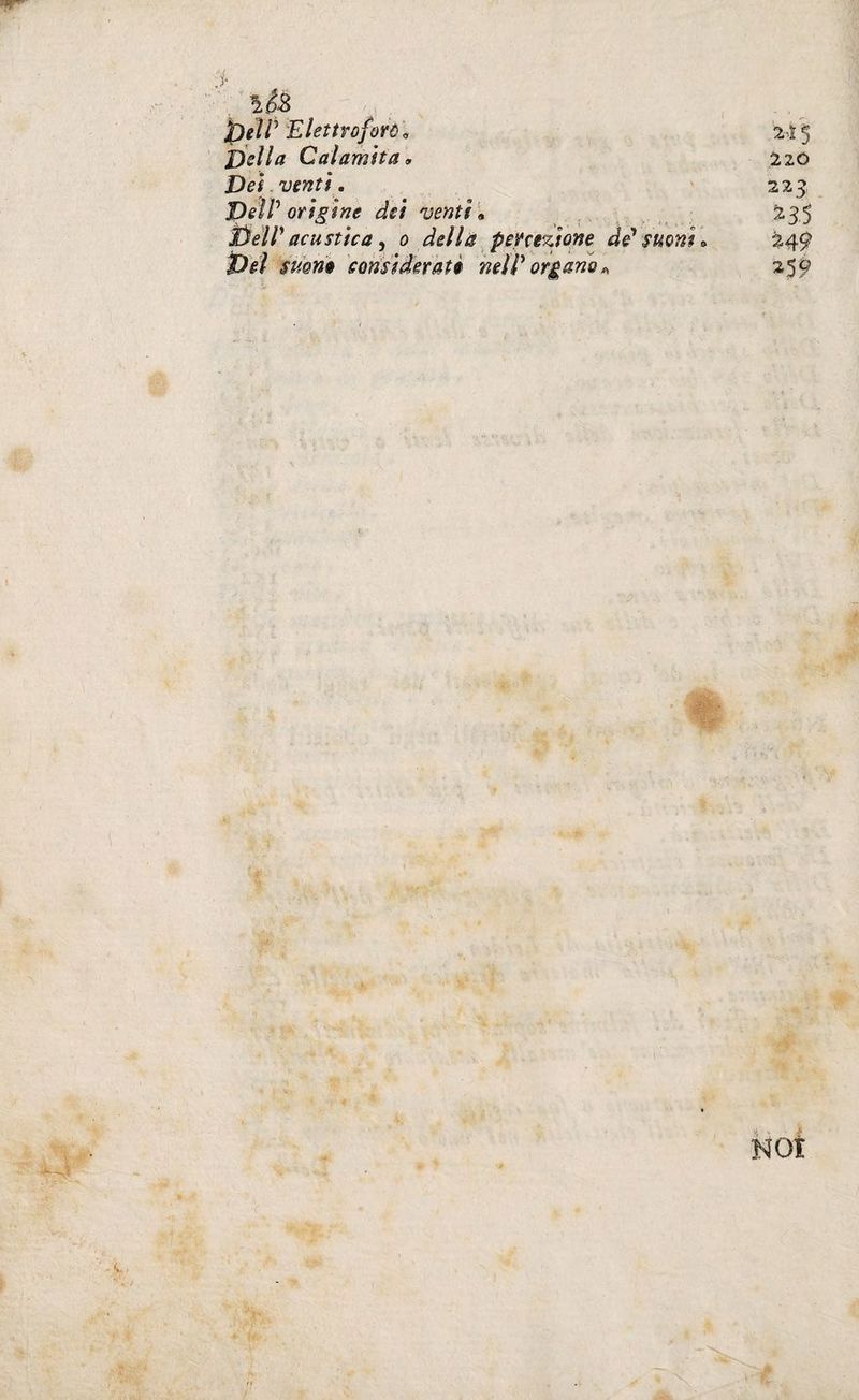J)slla Calamita y izo Dei . venti , 225 lOeìP origine dei venti. , ,, ; ^35 DelPacustica ^ 0 della percezione dPsuoni, à49 t)el stìone eonsideratè neiPorgano^ 25^ NOI